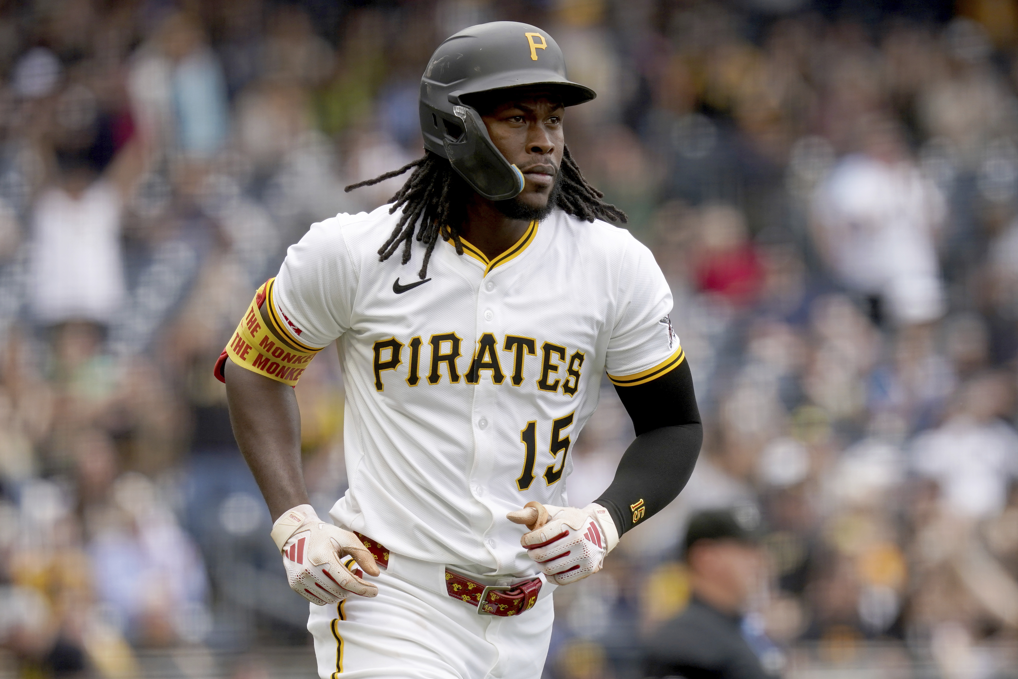 Pittsburgh Pirates' Oneil Cruz rounds the bases after hitting a home run during the third inning of a baseball game against the Milwaukee Brewers, Sunday, May 25, 2025, in Pittsburgh. 