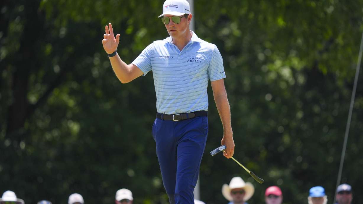 Ben Griffin reacts after a putt on the third hole during the final round of the Charles Schwab Challenge golf tournament at Colonial Country Club in Fort Worth, Texas, Sunday, May 25, 2025.