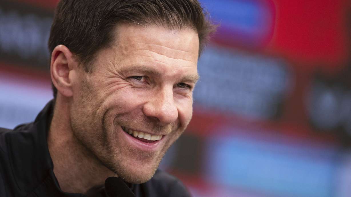 Leverkusen's coach Xabi Alonso attends a press conference in Leverkusen, Germany, Friday, May 9, 2025.