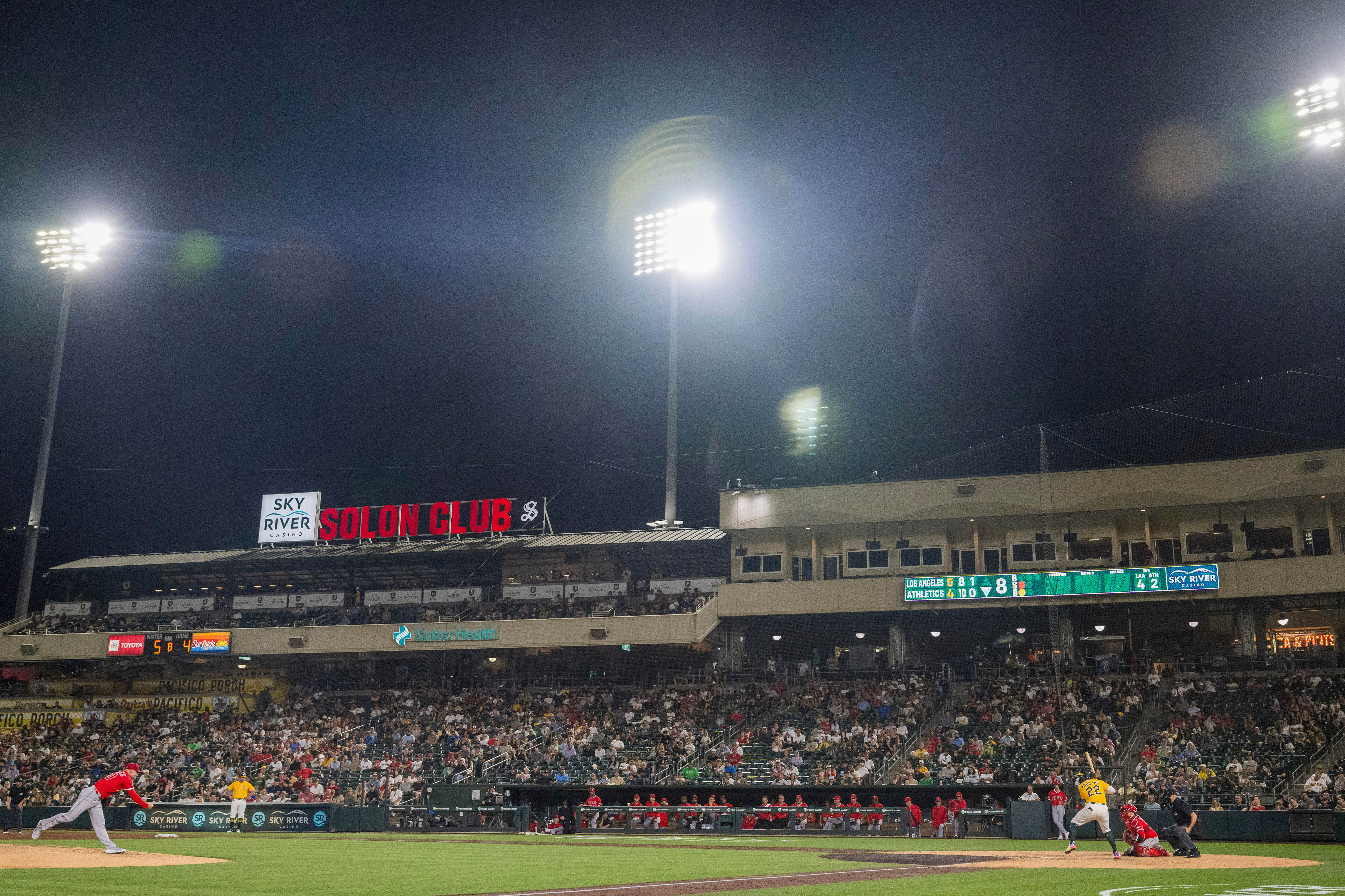 Los Angeles Angels pitcher Hunter Strickland throws against Athletics Miguel Andujar during the eighth inning of a baseball game in West Sacramento, Calif., Tuesday, May 20, 2025. 