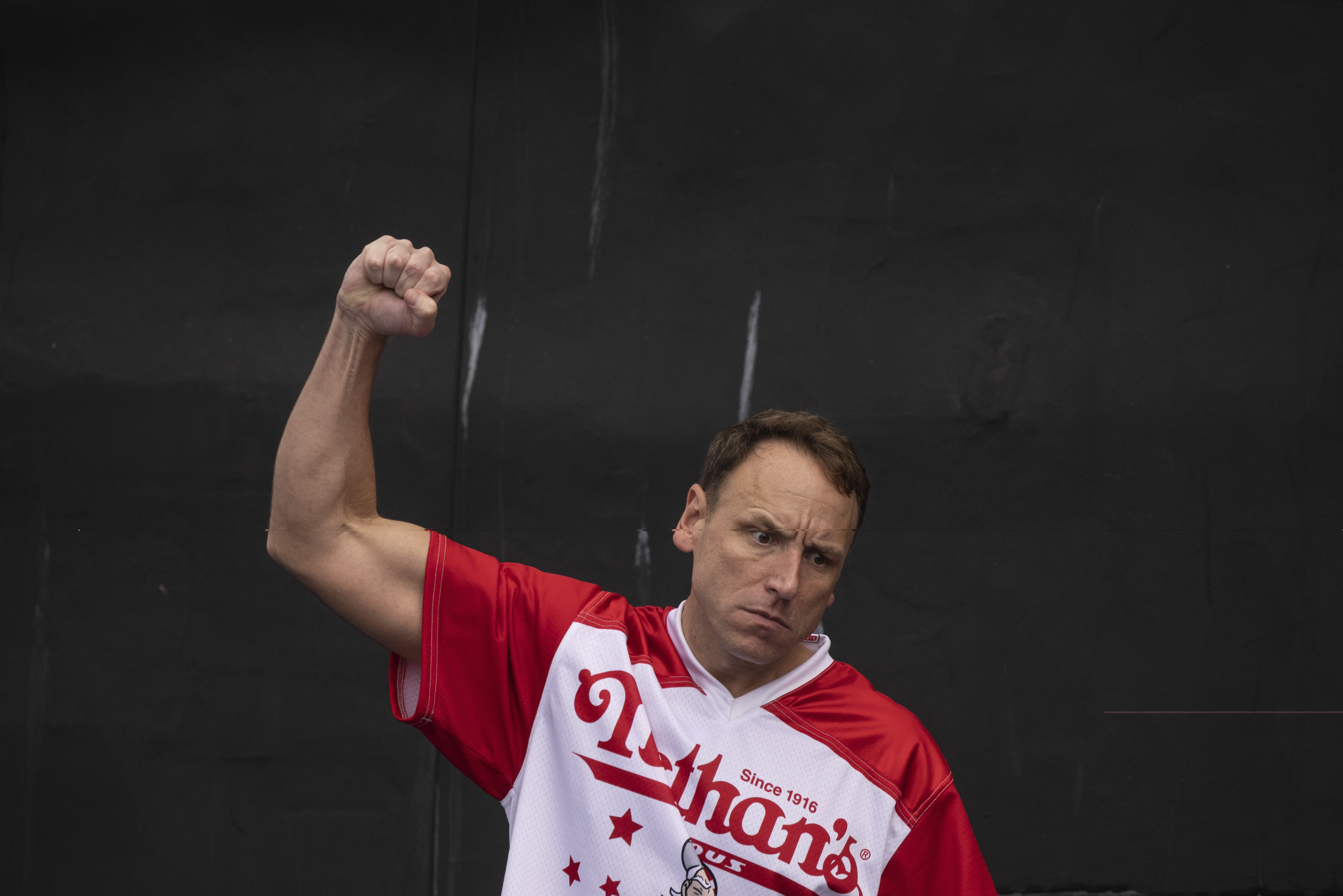 Joey Chestnut enters the 2023 Nathan's Famous Fourth of July hot dog eating contest in the Coney Island section of the Brooklyn borough of New York, July. 4, 2023. 