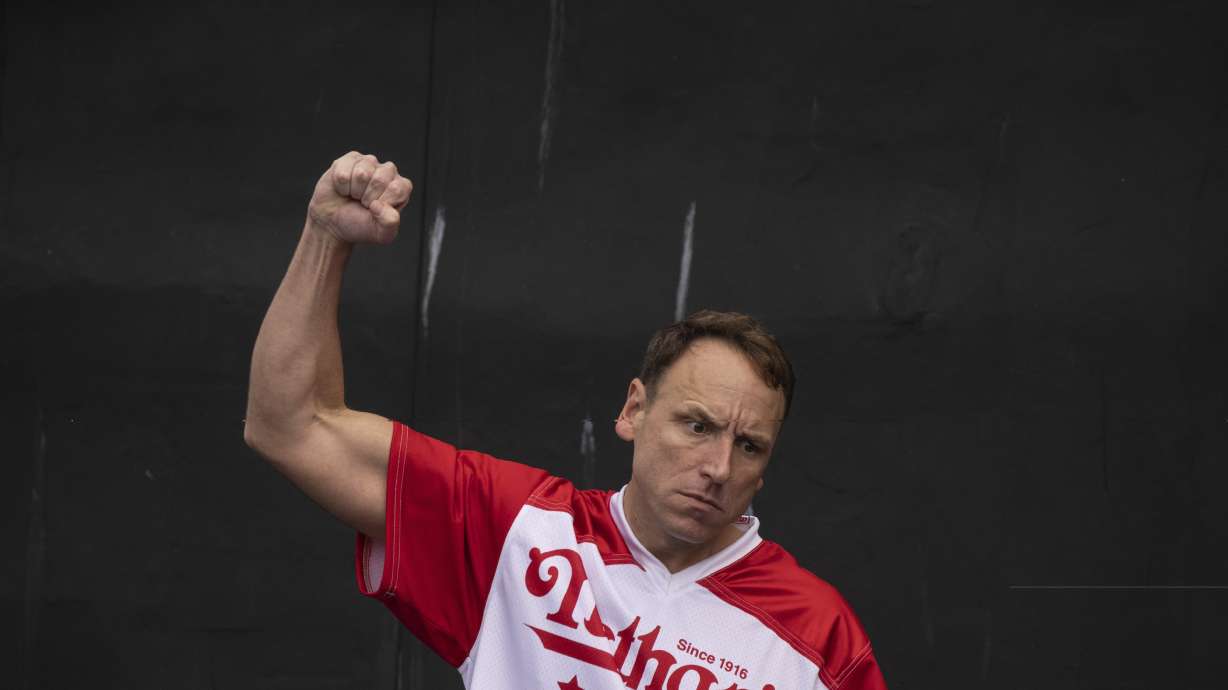 Joey Chestnut enters the 2023 Nathan's Famous Fourth of July hot dog eating contest in the Coney Island section of the Brooklyn borough of New York, July. 4, 2023.