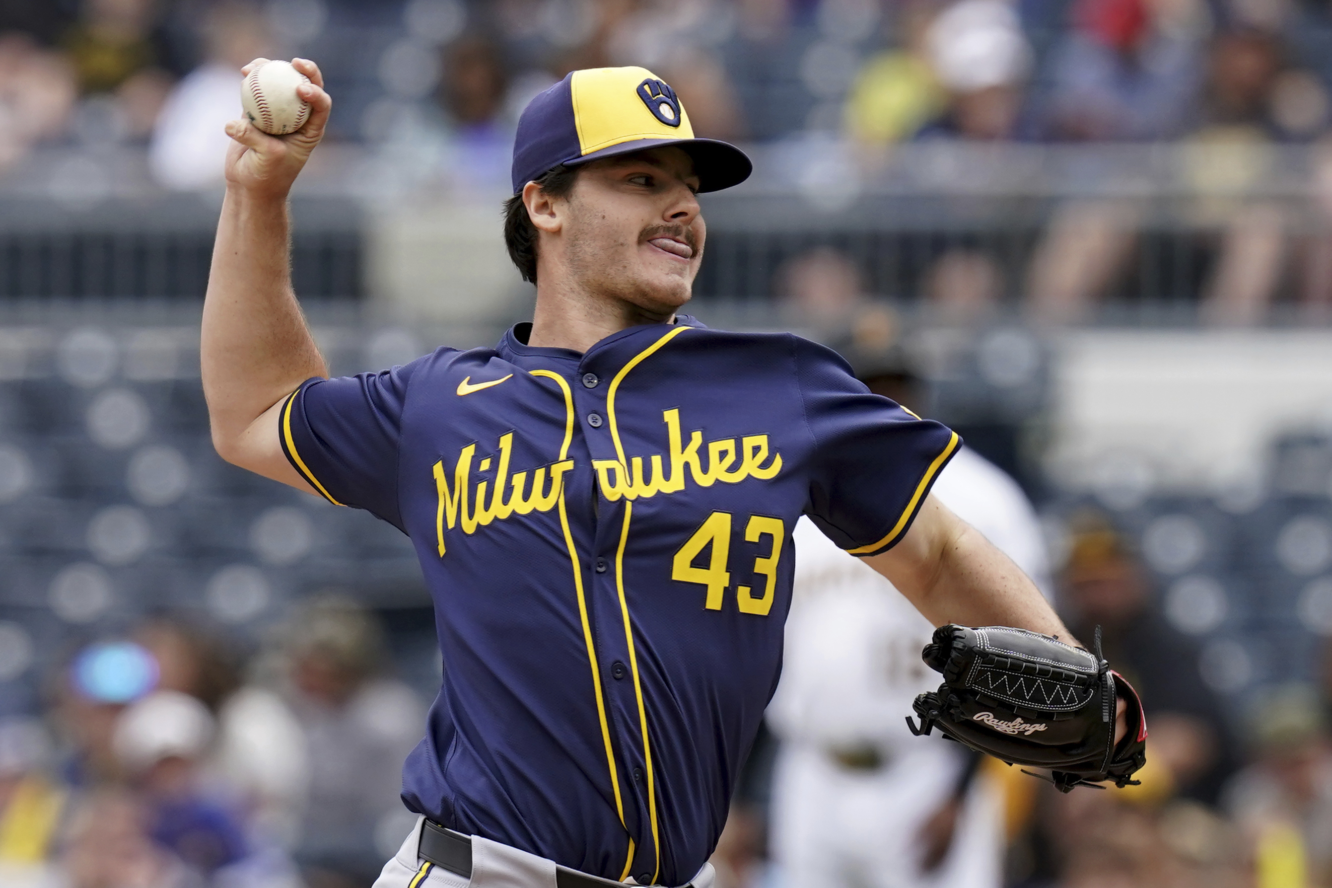 Milwaukee Brewers pitcher Logan Henderson delivers during the first inning of a baseball game against the Pittsburgh Pirates Sunday, May 25, 2025, in Pittsburgh. 