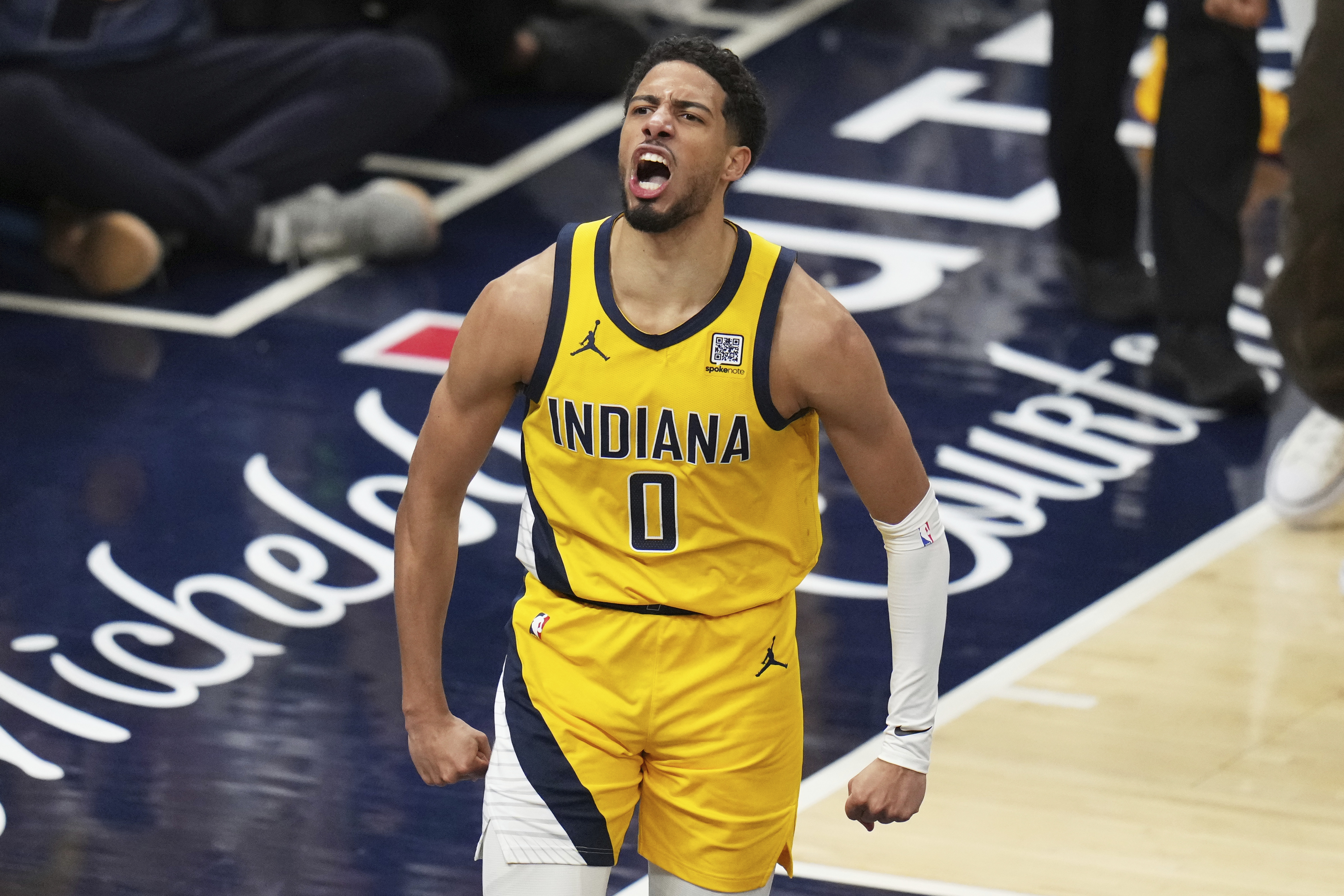 Indiana Pacers guard Tyrese Haliburton celebrates during the first half of Game 3 of the Eastern Conference finals of the NBA basketball playoffs against the New York Knicks Sunday, May 25, 2025, in Indianapolis. 