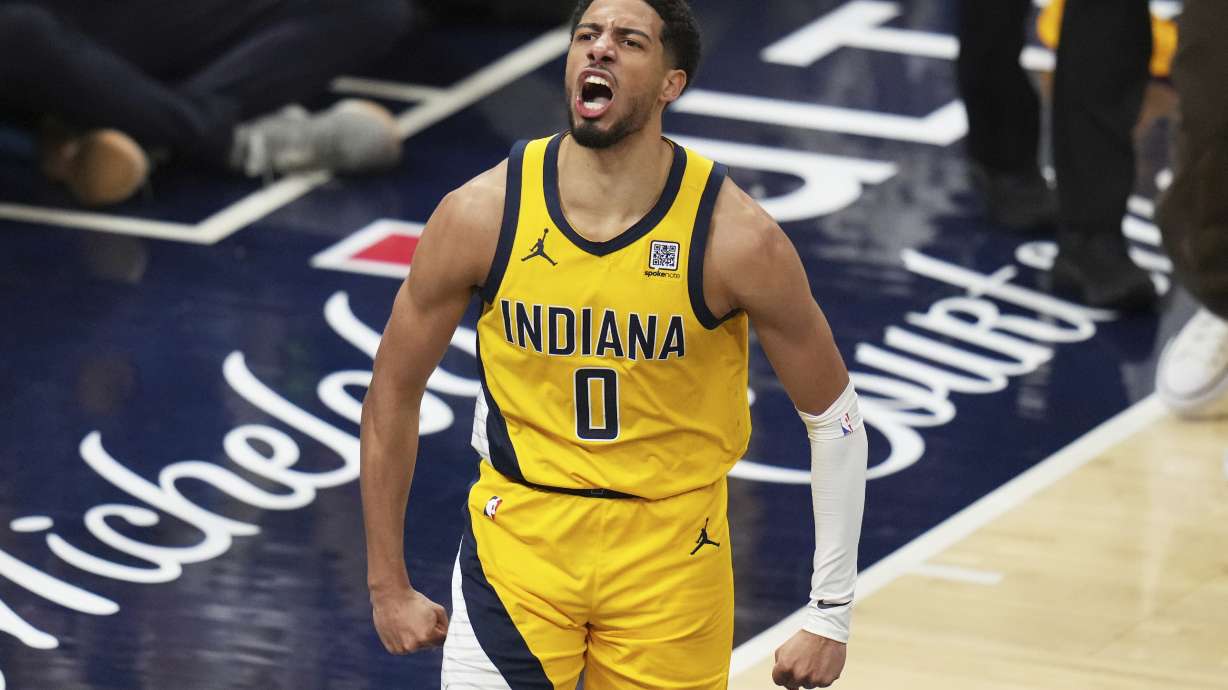Indiana Pacers guard Tyrese Haliburton celebrates during the first half of Game 3 of the Eastern Conference finals of the NBA basketball playoffs against the New York Knicks Sunday, May 25, 2025, in Indianapolis.
