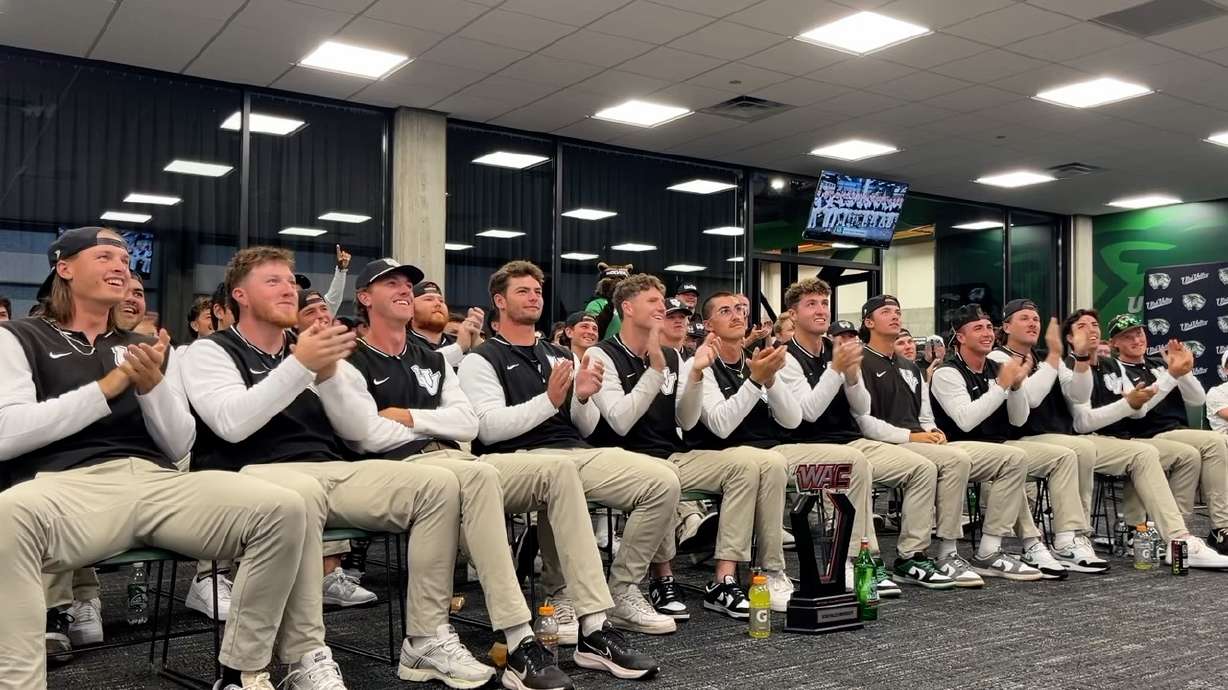 Utah Valley's baseball team reacts to being selected to the NCAA's Eugene regional with No. 12 Oregon, Arizona and Cal Poly, Monday, May 26, 2025 in Orem, Utah.