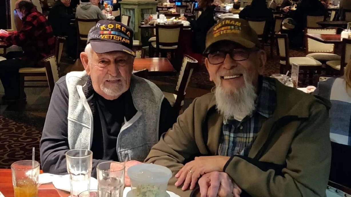 Father Ken Engstrom and his son Tim Bintz at their first meeting after an online DNA testing service brought them together, Phoenix, Ariz., Jan. 20, 2024.
