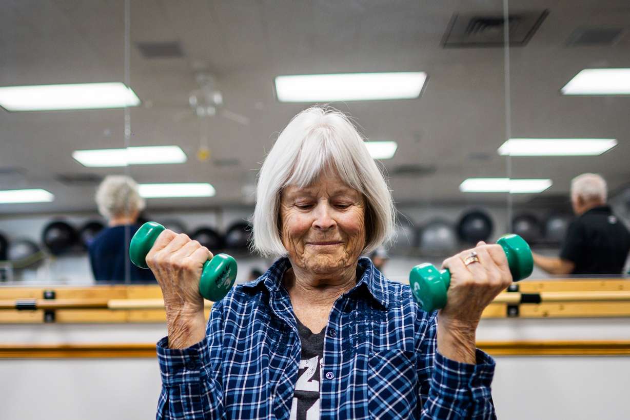 Pam Everitt participates in an overall fitness class targeted toward senior adults at the Murray City Senior Recreation Center on Tuesday.