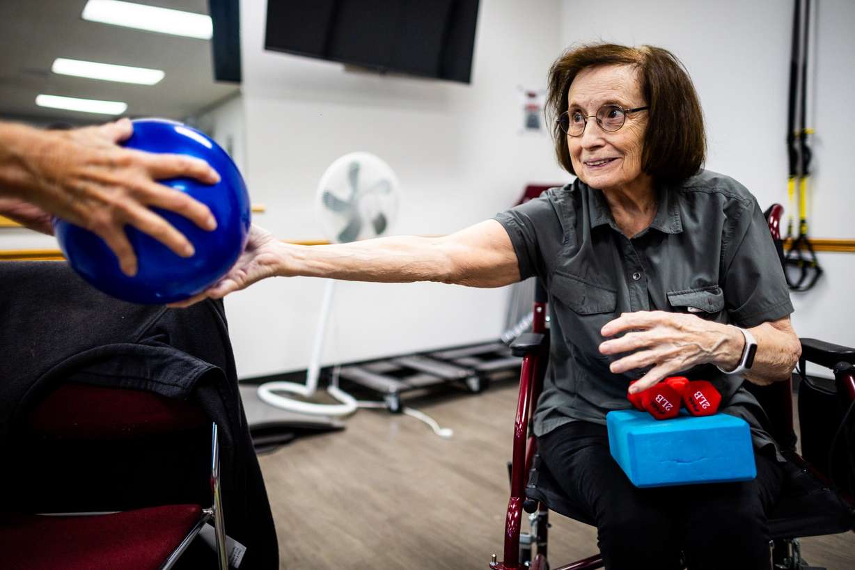 Verna Harshberger participates in an overall fitness class targeted toward senior adults at the Murray City Senior Recreation Center on Tuesday.