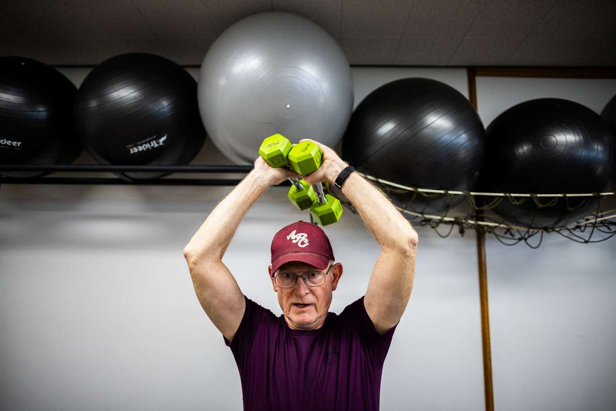 Ron Liljegren participates in an overall fitness class targeted toward senior adults at the Murray City Senior Recreation Center on Tuesday.