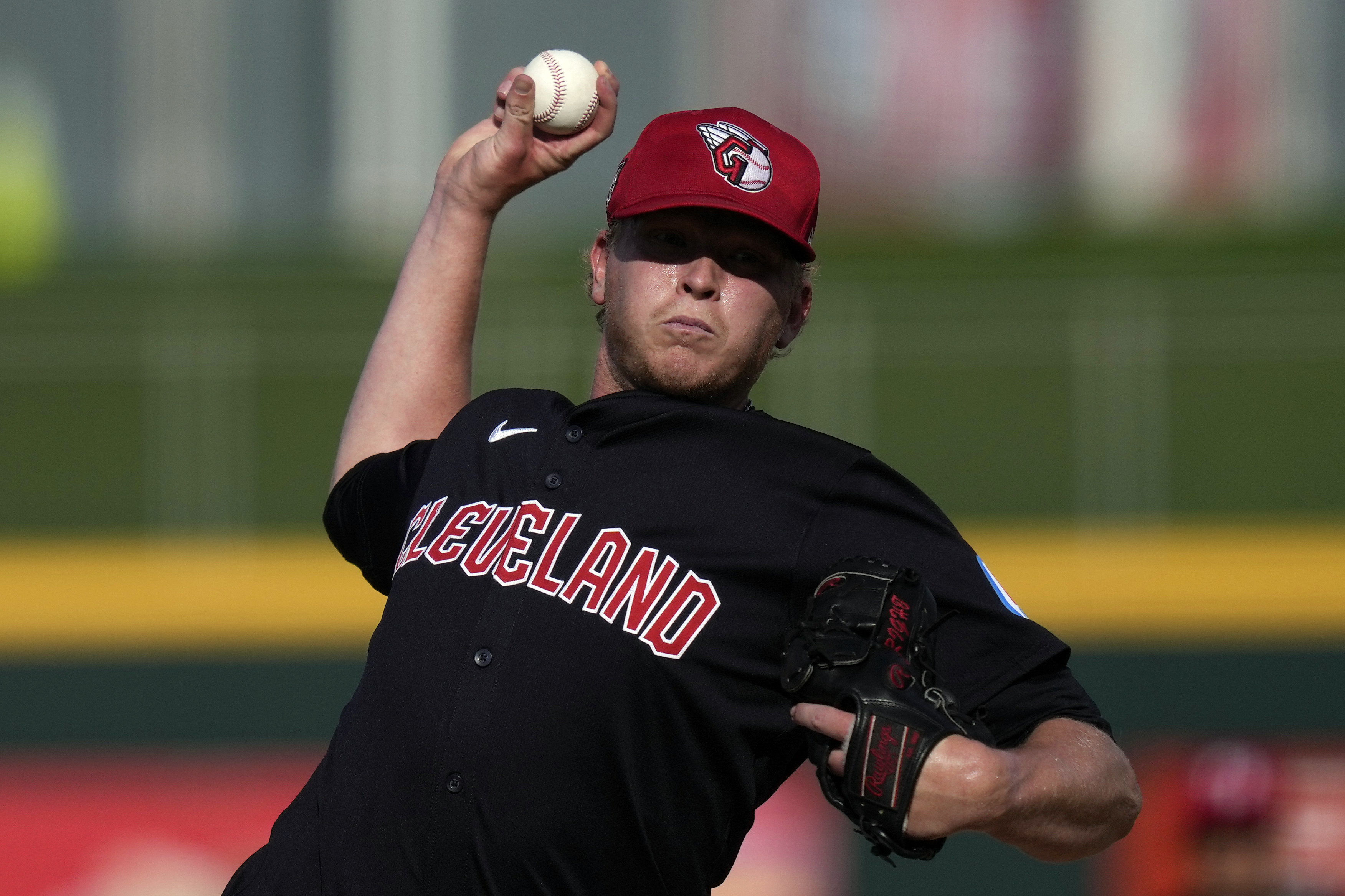FILE - Cleveland Guardians pitcher Nic Enright throws in the ninth inning of a spring training baseball game against the Oakland Athletics, Tuesday, Feb. 27, 2024, in Goodyear, Ariz. 