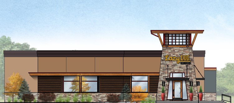 An artist rendering of the exterior of the Lazy Dog location to be built in Murray. The location is expected to open by mid-2026.