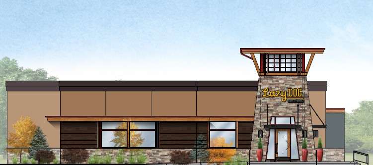 An artist rendering of the exterior of the Lazy Dog location to be built in Murray. The location is expected to open by mid-2026.