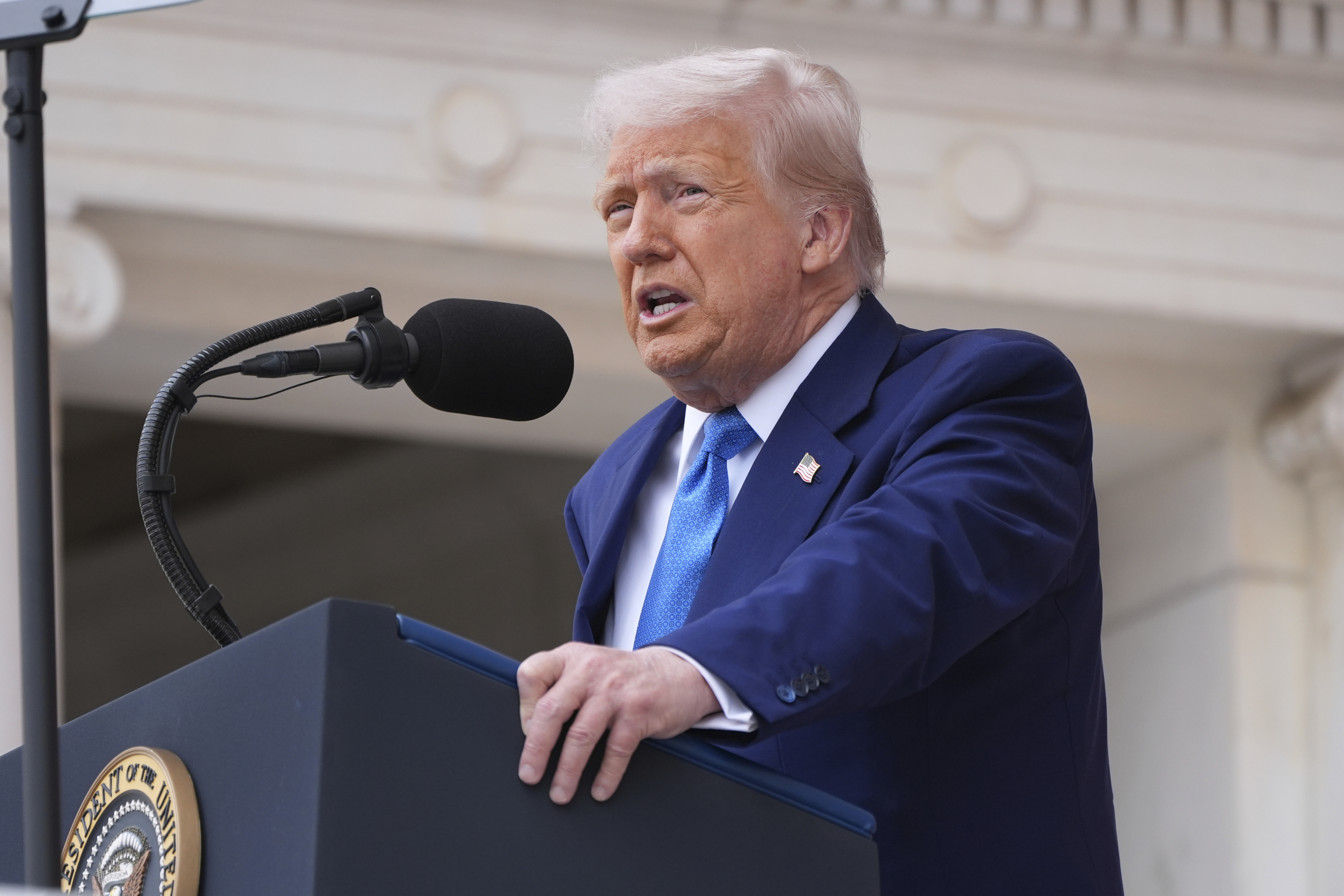 President Donald Trump speaks during the 157th National Memorial Day Observance at Arlington National Cemetery, Monday, May 26, 2025, in Arlington, Va. 
