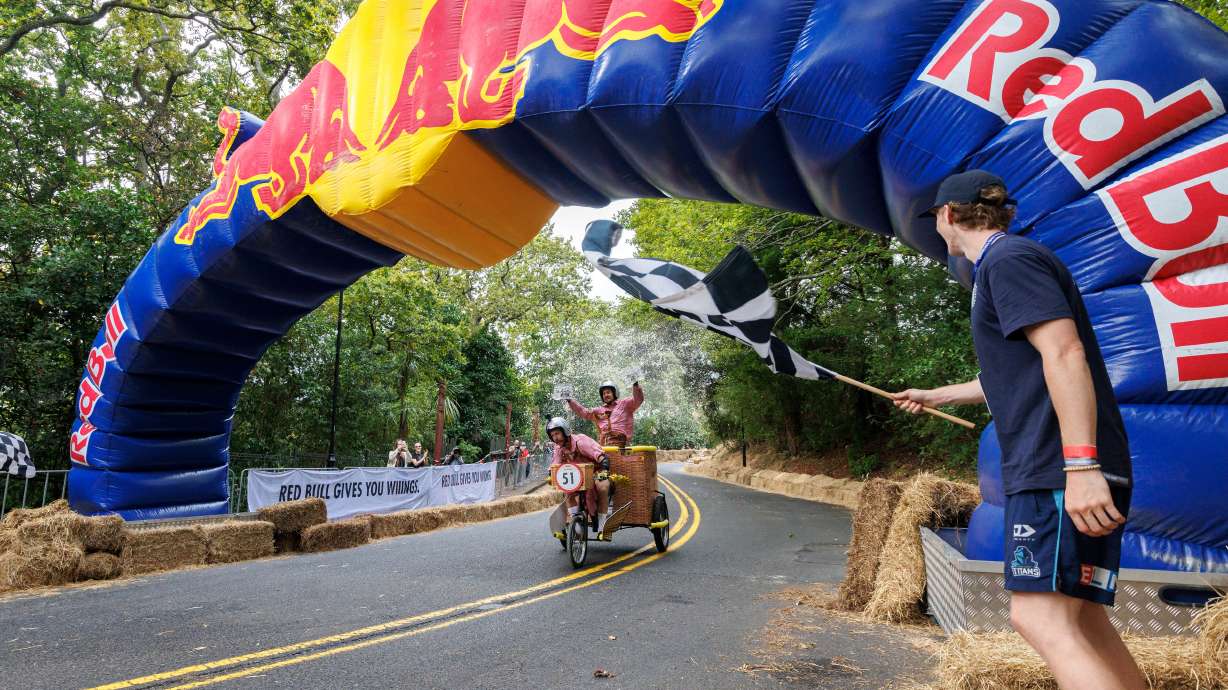 Bavarians with Wiiings cross the finish line at Red Bull Trolley Grand Prix in Auckland, New Zealand, on Feb. 15. The field and judge list is now out for the first Red Bull Soapbox Derby event in Salt Lake City, which will take place on June 14.