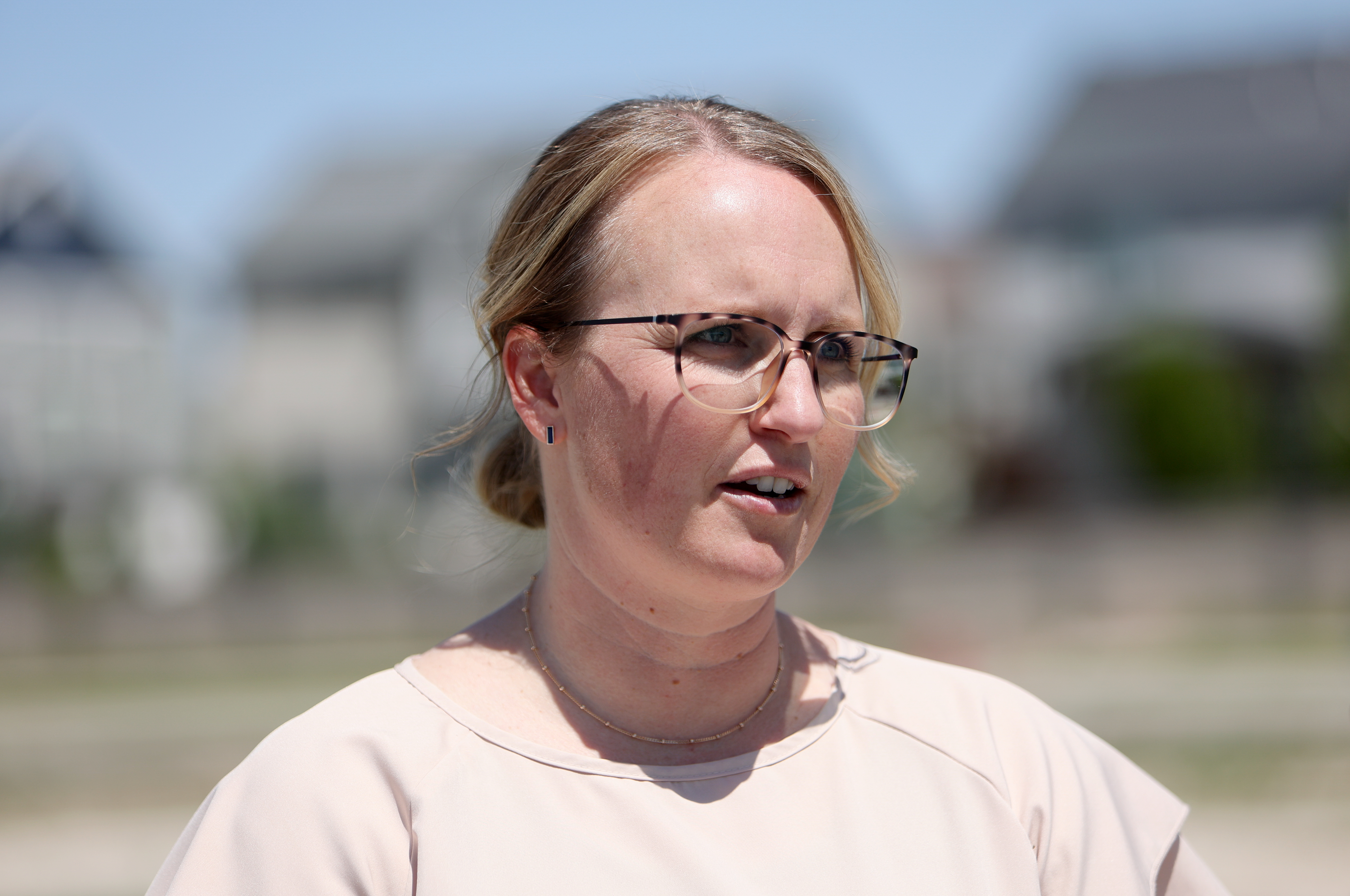 Seantae Jackson talks about surviving a head-on collision and the long road to recovery for her and her family during a media event about how to kick off summer safely outside Intermountain Health’s Primary Children’s Hospital Larry H. and Gail Miller Family Campus in Lehi on Friday, May 23, 2025.