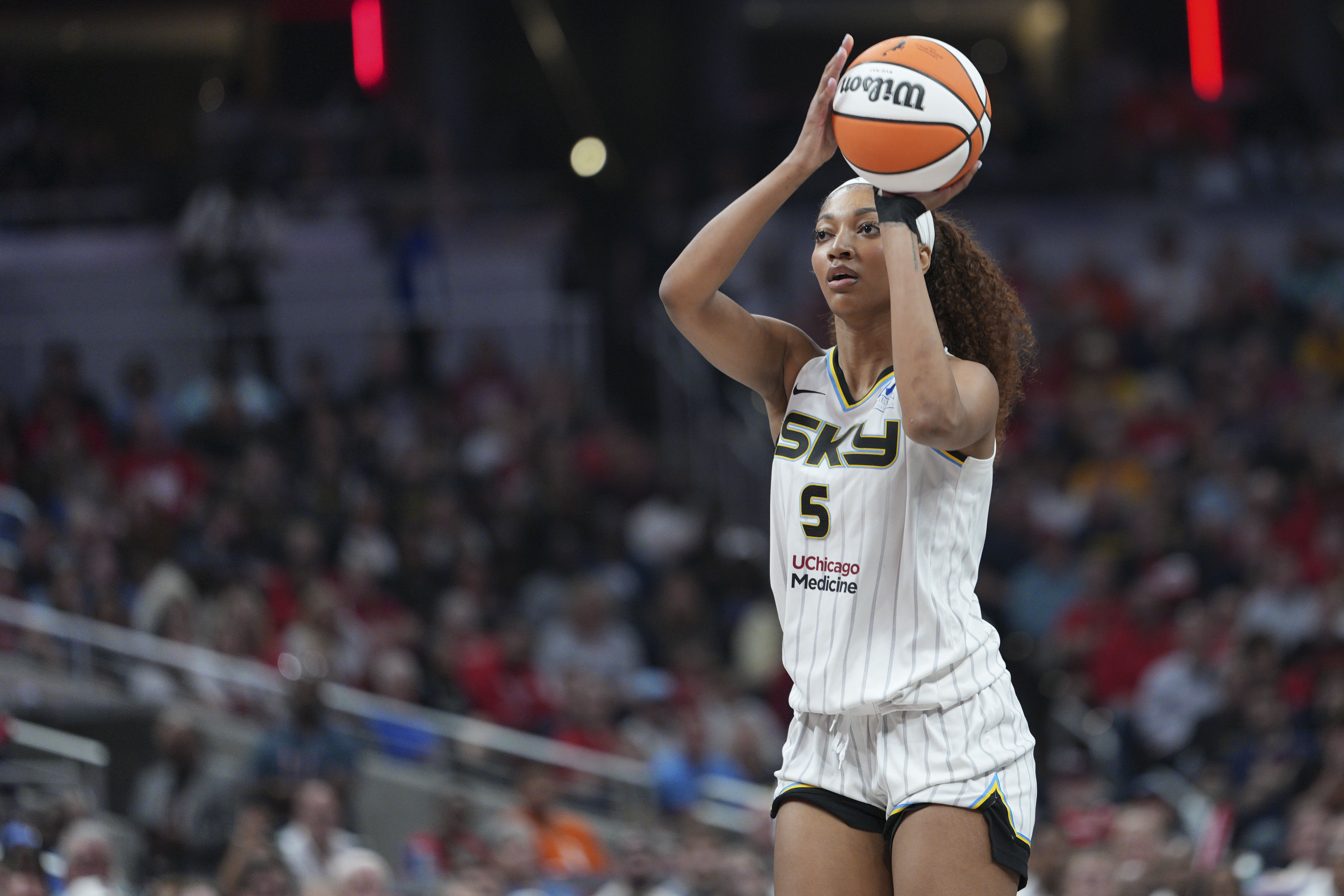 Chicago Sky forward Angel Reese shoots during a WNBA basketball game against the Indiana Fever in Indianapolis, Saturday, May 17, 2025. 