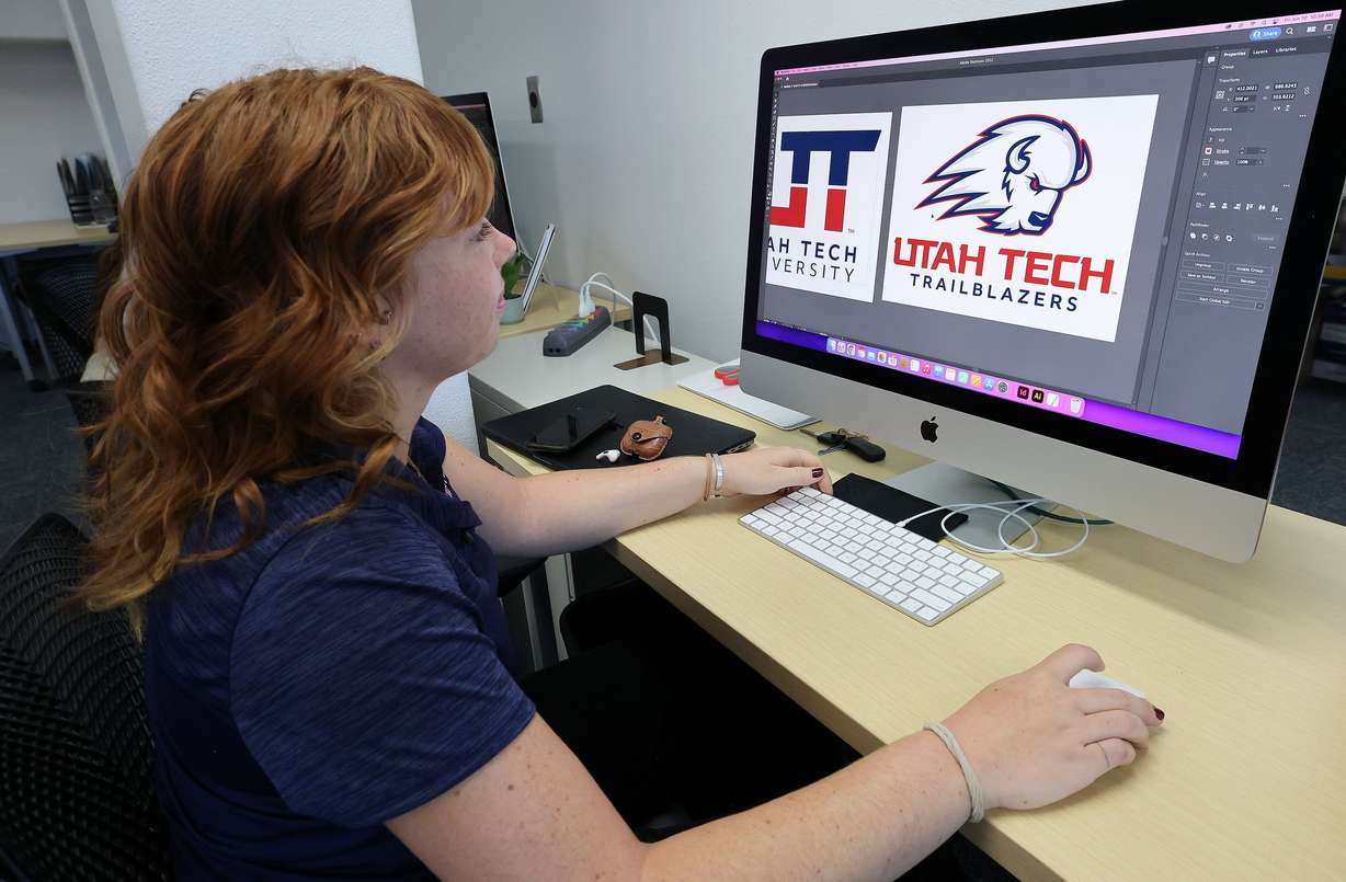 Brooke Tyler works on a Utah Tech University design at Dixie State University in St. George, June 10, 2022. The university officially became known as Utah Tech University on July 1, 2022.