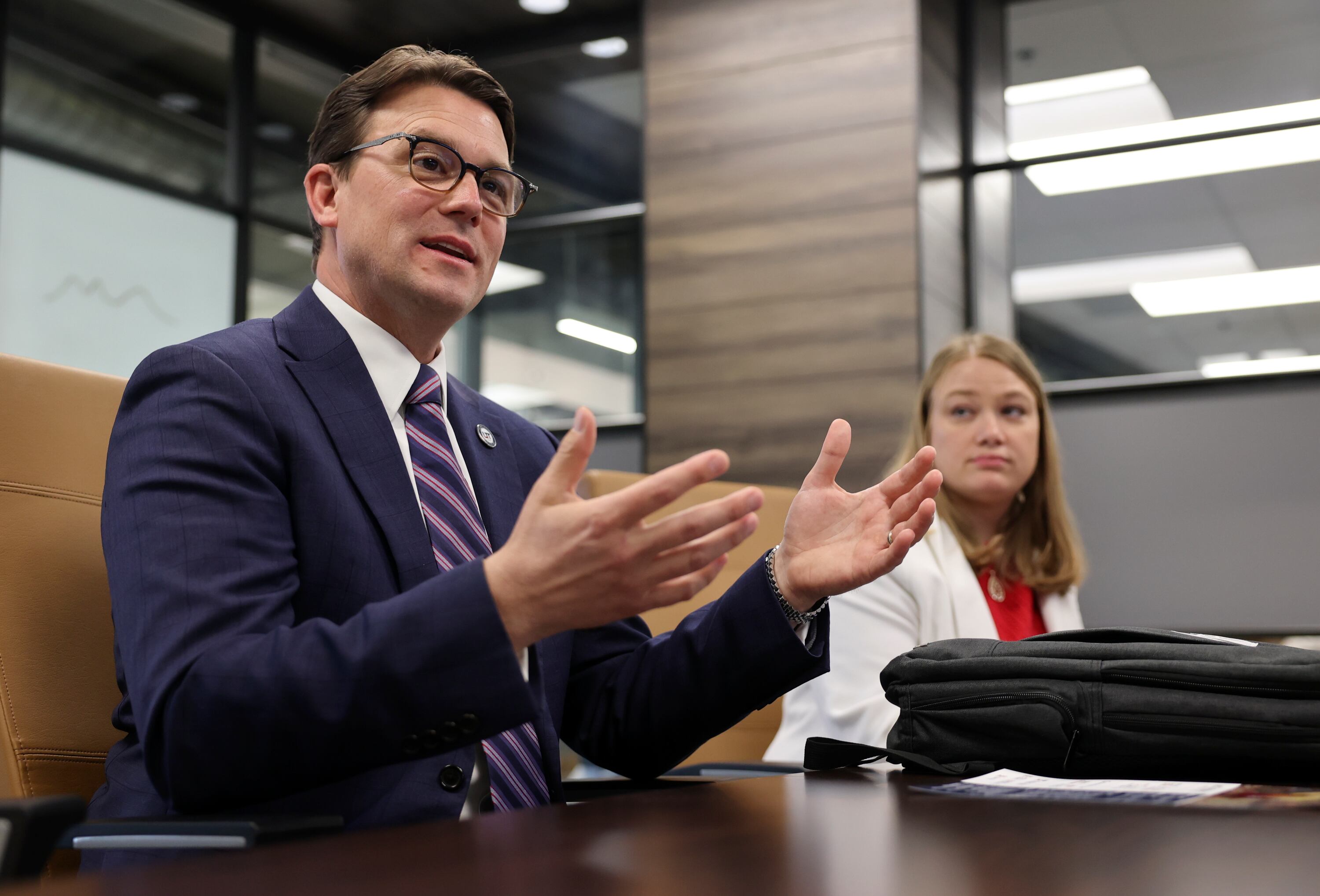 Utah Tech President Shane Smeed meets with members of the Deseret News and KSL editorial boards in Salt Lake City on May 21.