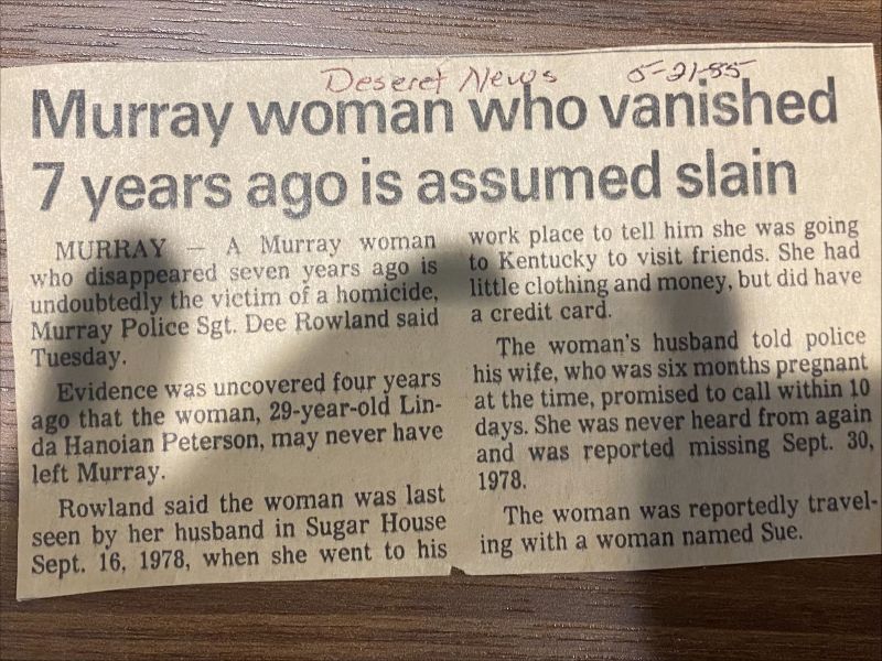 Murray police have reopened a nearly 47-year-old missing person case. Linda Hanoian Peterson, 29, disappeared in 1978 after telling her husband she was going on a road trip. - Murray Police Department
