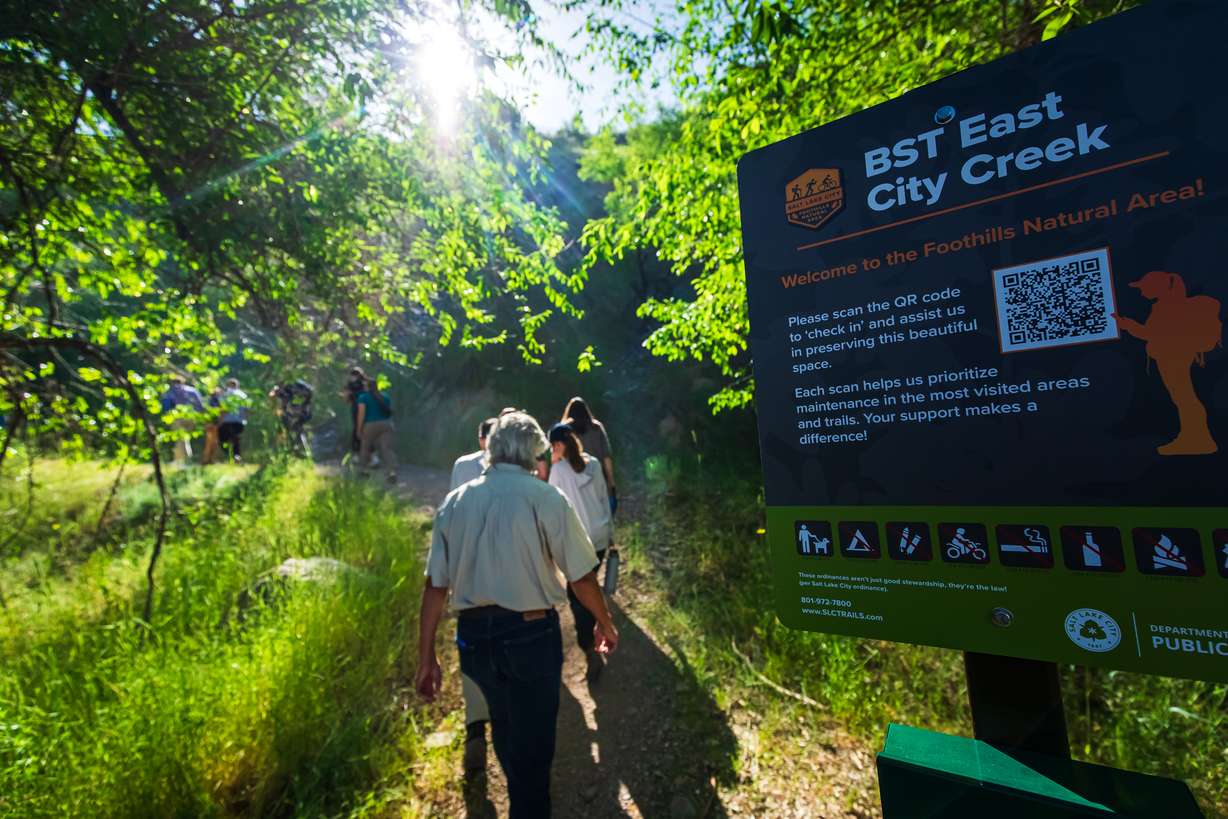 People walk up a section of the East City Creek portion of the Bonneville Shoreline Trail in Salt Lake City on Wednesday.