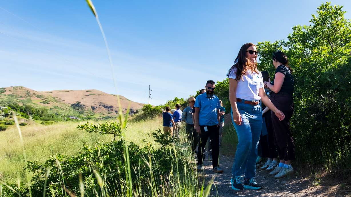 Salt Lake City Mayor Erin Mendenhall leads a hike down on the Bonneville Shoreline Trail in Salt Lake City on Wednesday. The city opened a new trailhead along Bonneville Boulevard, the first of four to open this summer.