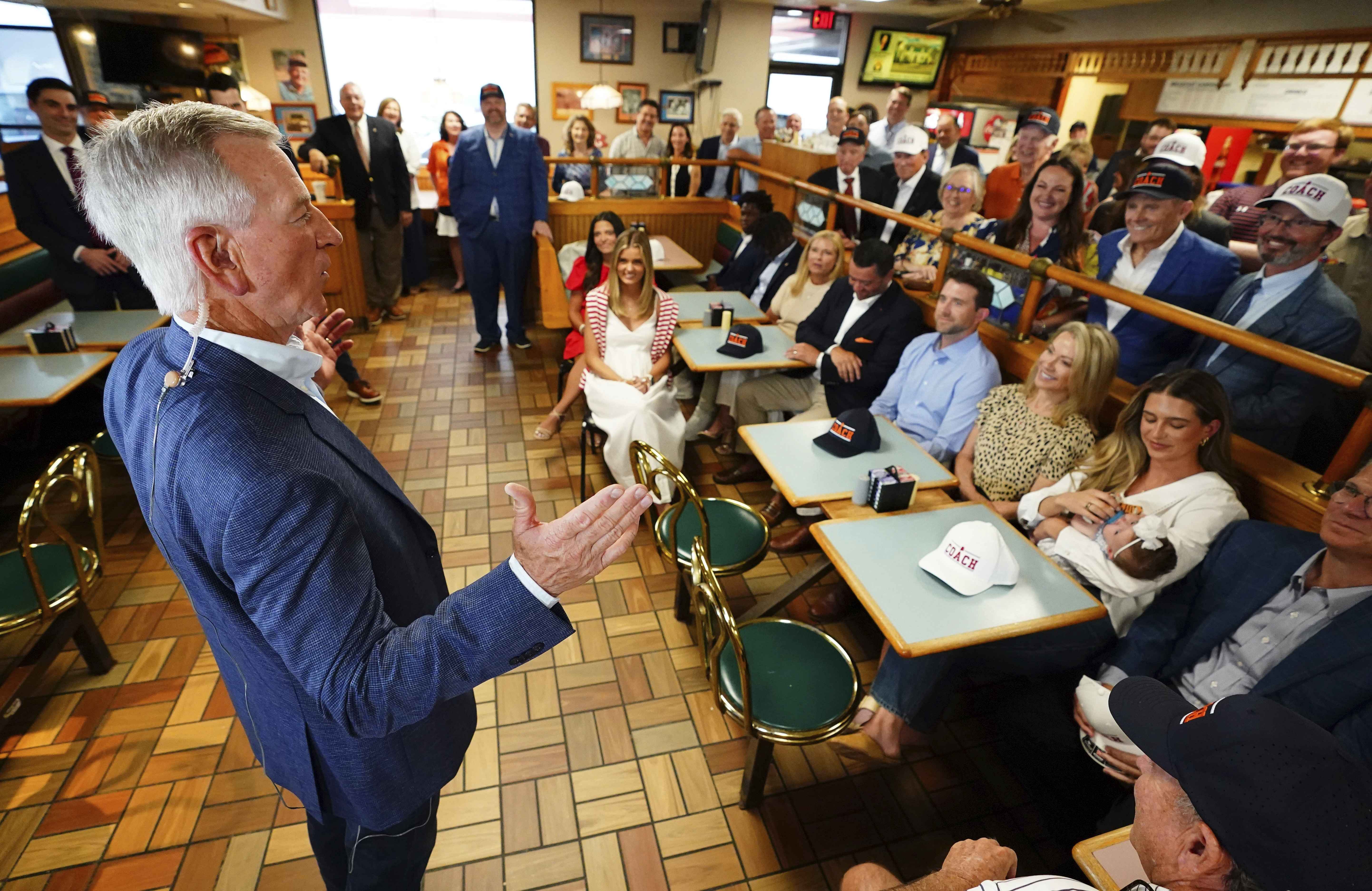 U.S. Sen. Tommy Tuberville, R-Ala., speaks to supporters about plans to run for the governor of Alabama in 2026, Tuesday May 27, 2025 at Byron's Smokehouse in Auburn, Ala.