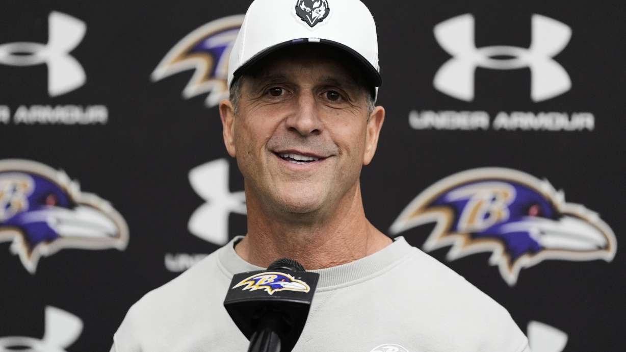 Baltimore Ravens head coach John Harbaugh speaks to media after an NFL team practice, Wednesday, May 28, 2025, at the Under Armour Performance Center in Owings Mills, Md.