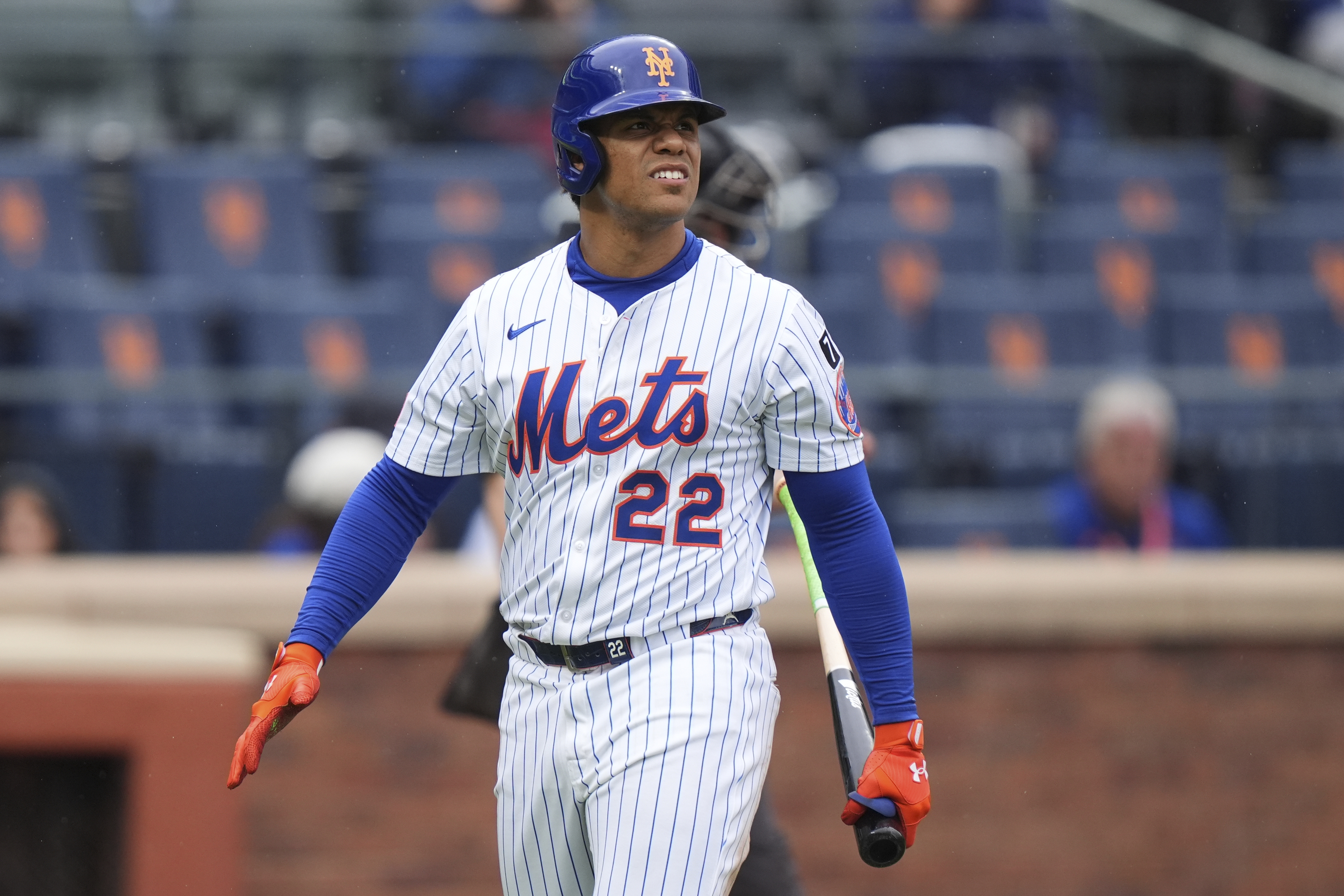 New York Mets' Juan Soto (22) reacts after striking out during the fifth inning of a baseball game against the Chicago White Sox Wednesday, May 28, 2025, in New York. 