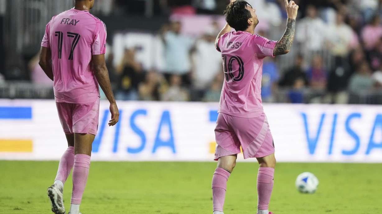 Inter Miami forward Lionel Messi (10) reacts after scoring a goal during the first half of an MLS soccer match against CF Montreal, Wednesday, May 28, 2025, in Fort Lauderdale, Fla.