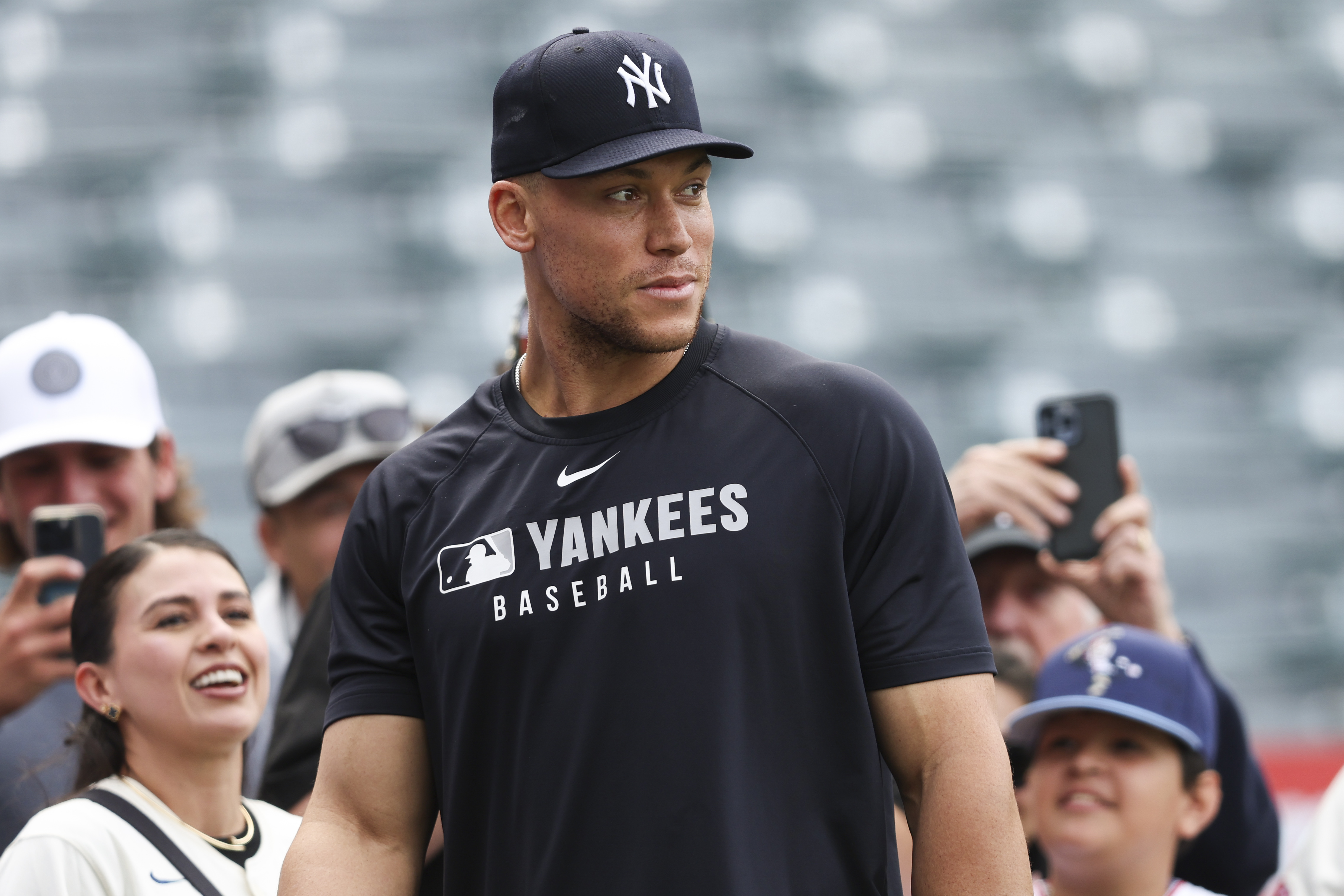 New York Yankees designated hitter Aaron Judge looks on during batting practice before a baseball game against the Los Angeles Angels in Anaheim, Calif., Wednesday, May 28, 2025. 