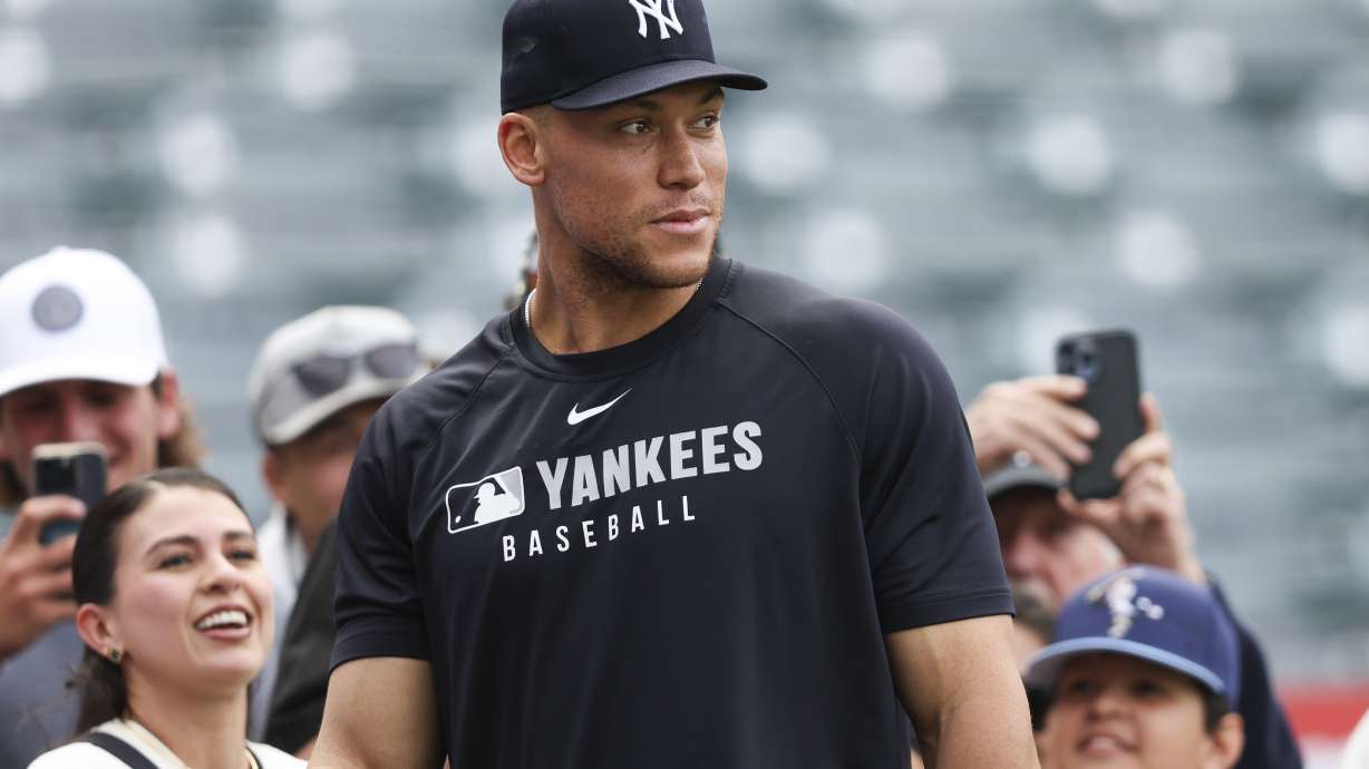 New York Yankees designated hitter Aaron Judge looks on during batting practice before a baseball game against the Los Angeles Angels in Anaheim, Calif., Wednesday, May 28, 2025.