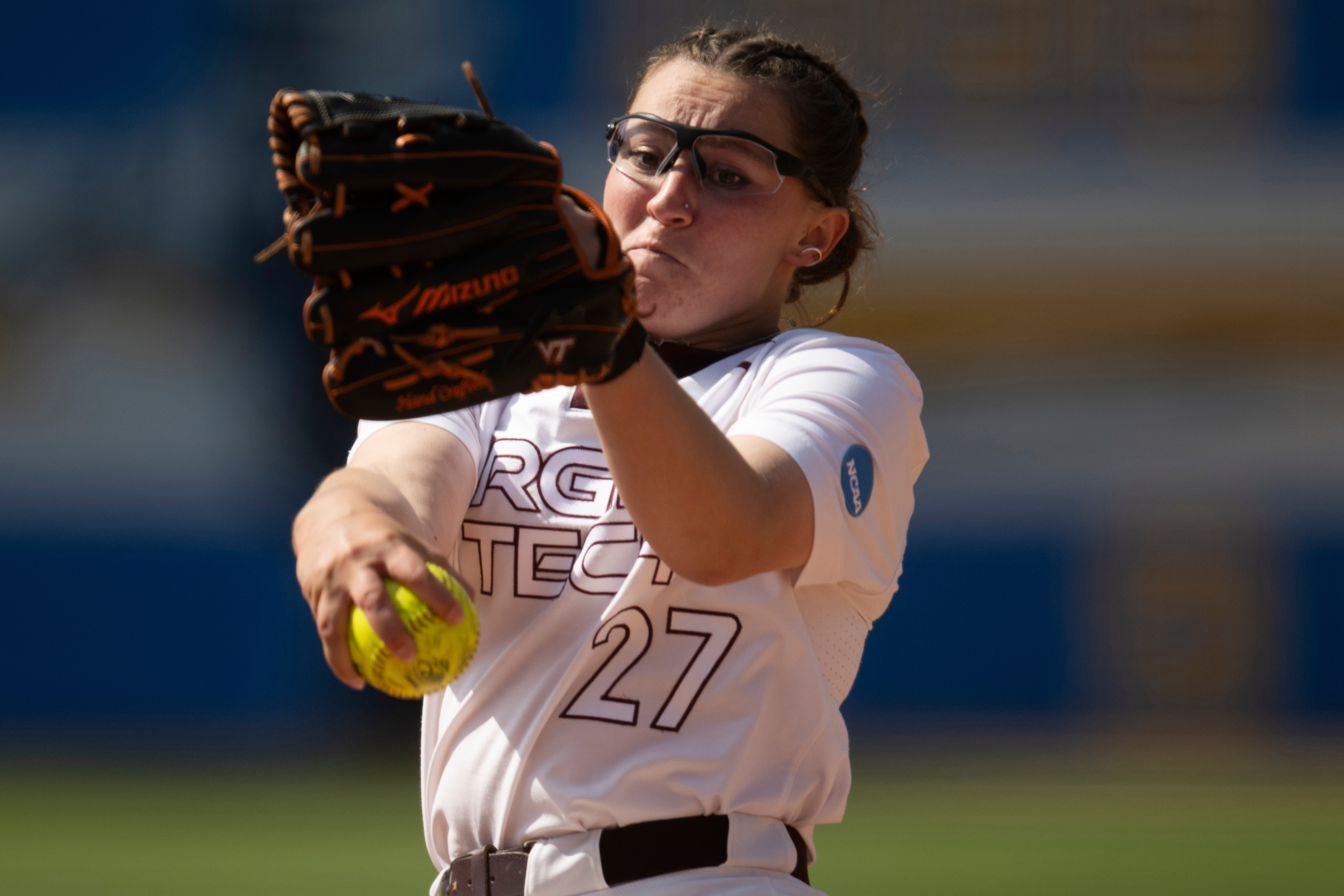 FILE - Virginia Tech starting pitcher Emma Lemley (27) delivers a pitch during an NCAA softball game against San Diego State on Friday, May 17, 2024, in Los Angeles. 