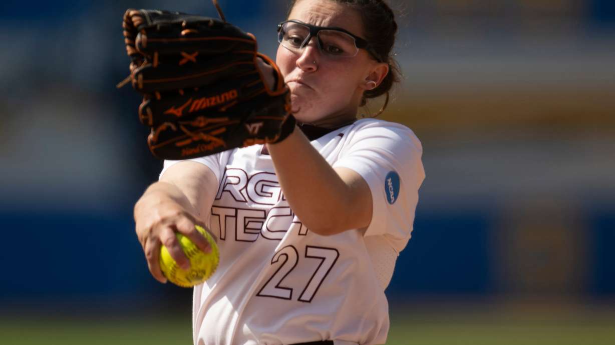 FILE - Virginia Tech starting pitcher Emma Lemley (27) delivers a pitch during an NCAA softball game against San Diego State on Friday, May 17, 2024, in Los Angeles.