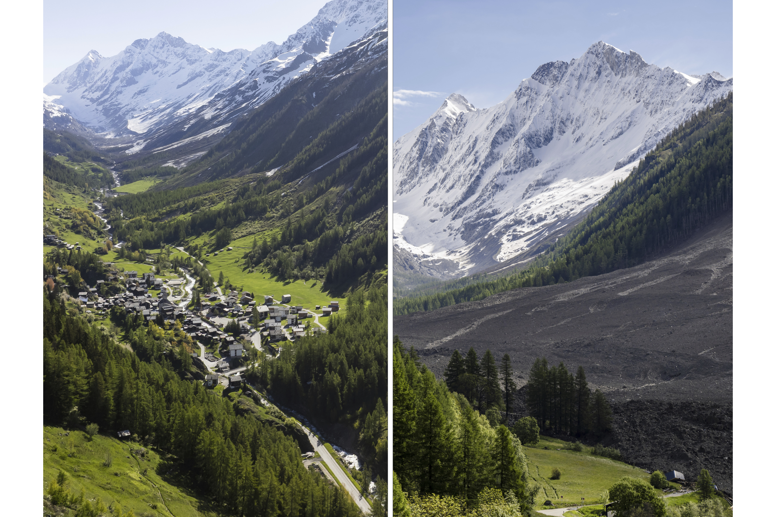 Blatten, Switzerland, on May 18, and Thursday after the Birch Glacier's collapse caused an avalanche that demolished 90% of the village. A 64-year-old man remains missing after the search was suspended Thursday.