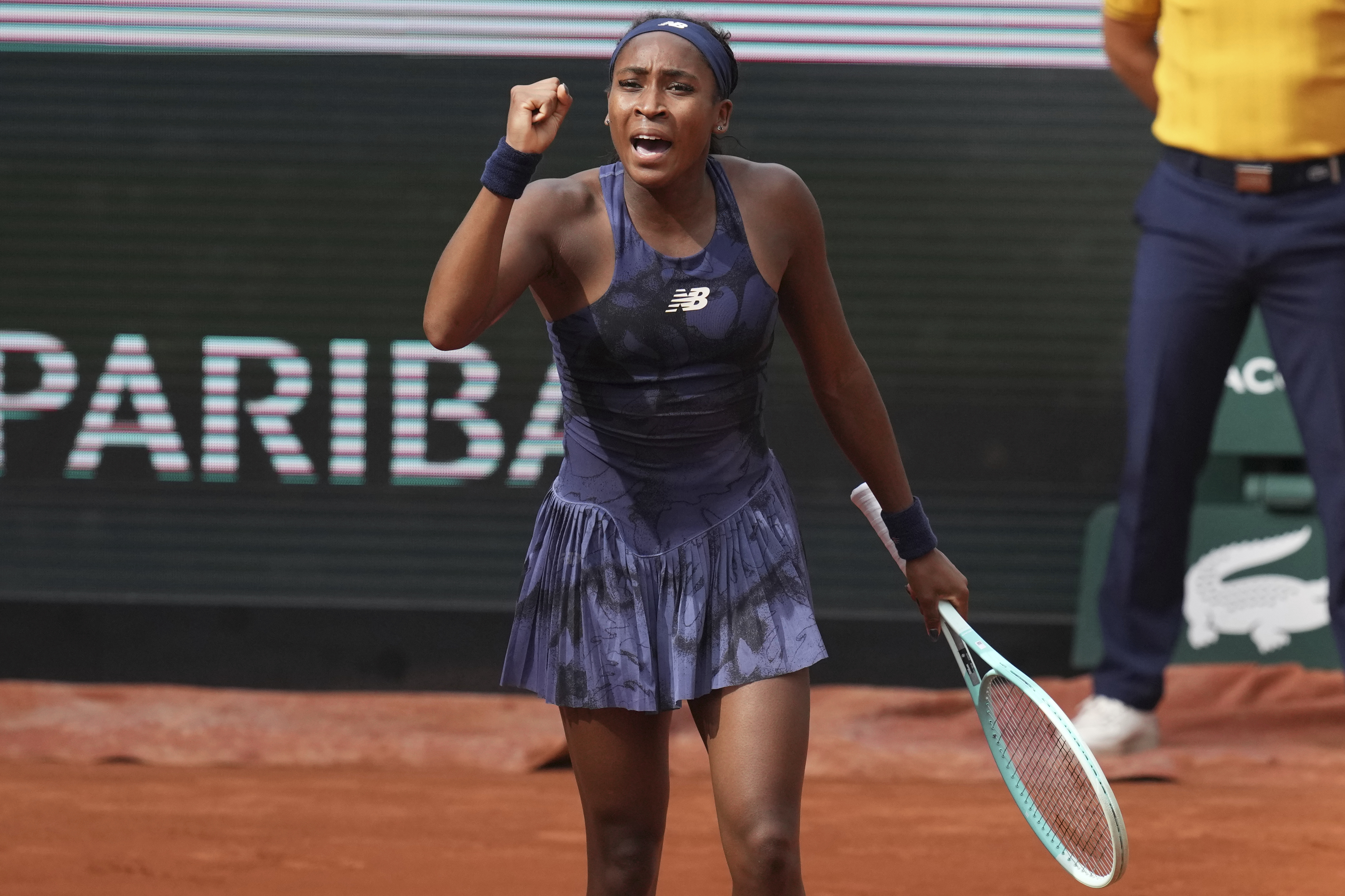 Coco Gauff of the U.S. celebrates winning against Tereza Valentova of the Czech Republic following their second round match of the French Tennis Open, at the Roland-Garros stadium, in Paris, Thursday, May 29, 2025. 