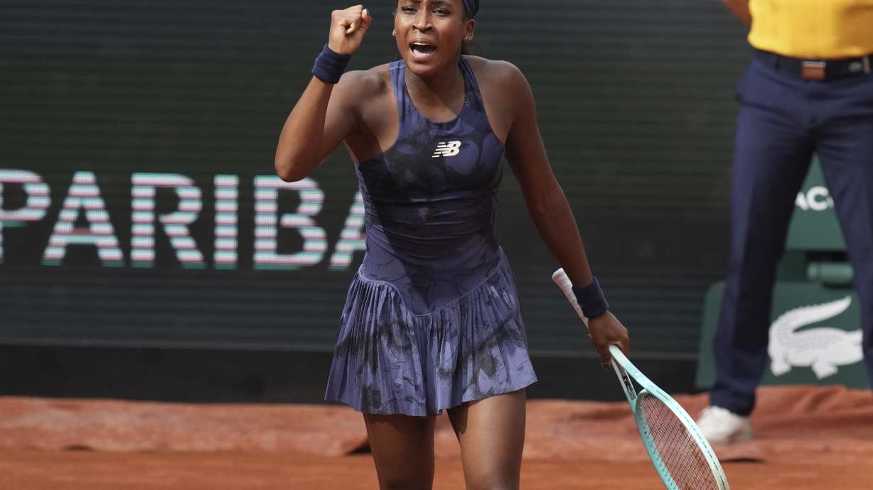 Coco Gauff of the U.S. celebrates winning against Tereza Valentova of the Czech Republic following their second round match of the French Tennis Open, at the Roland-Garros stadium, in Paris, Thursday, May 29, 2025.
