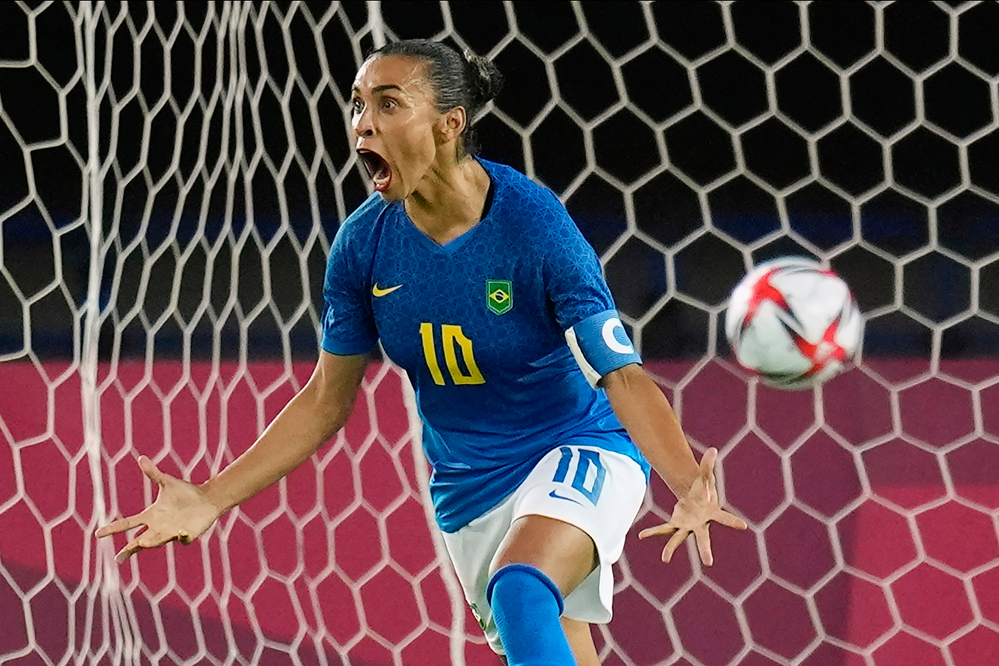 FILE - Brazil's Marta celebrates after scoring a goal during a women's soccer match against Netherlands at the 2020 Summer Olympics, Saturday, July 24, 2021, in Miyagi, Japan. 