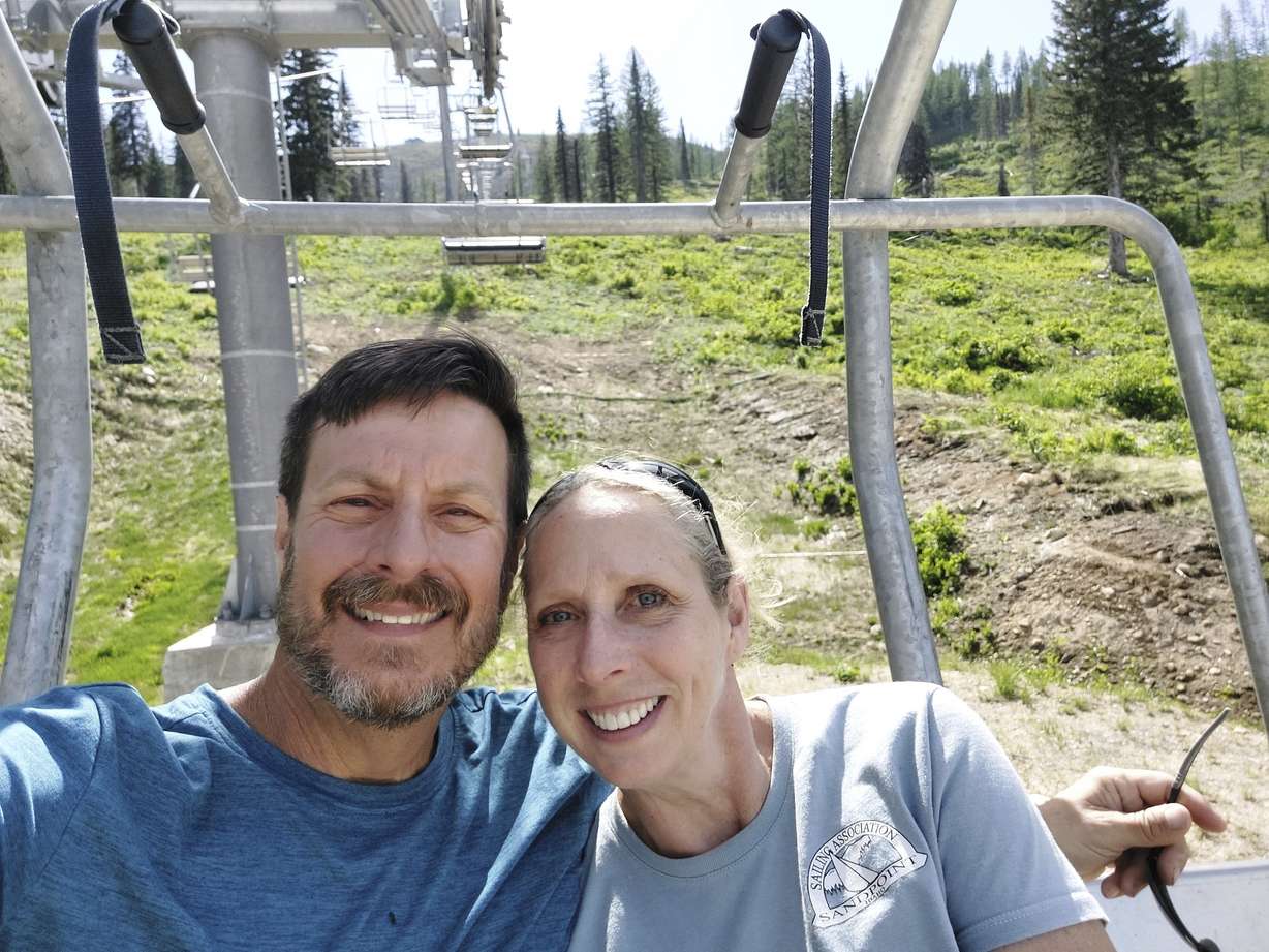 This June 4, 2023, photo shows Kell Morris, left, and his wife, Jo Roop, in Sandpoint, Idaho.