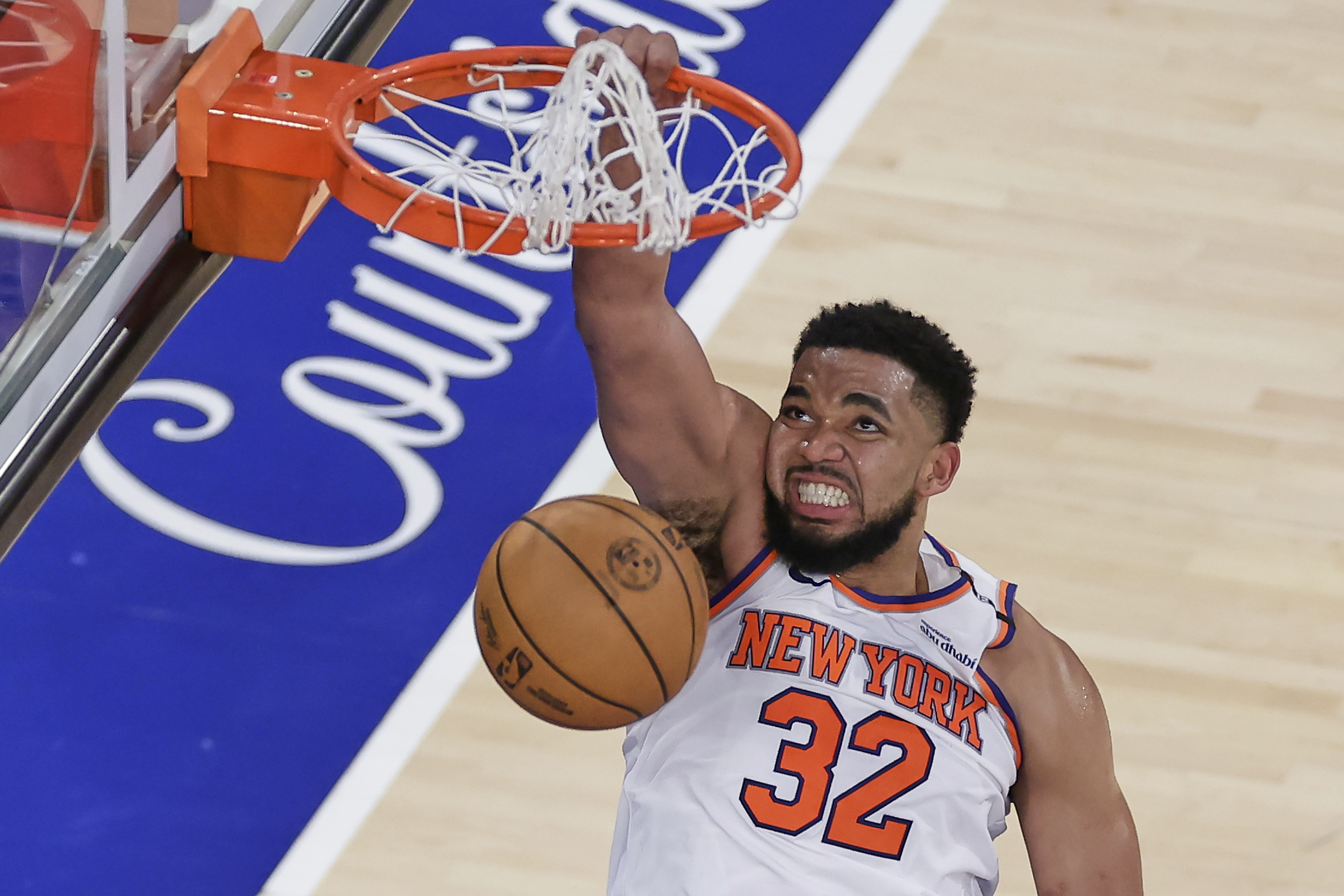New York Knicks center Karl-Anthony Towns (32) scores against the Indiana Pacers during the fourth quarter of Game 5 of the NBA basketball Eastern Conference final, Thursday, May 29, 2025, in New York. 
