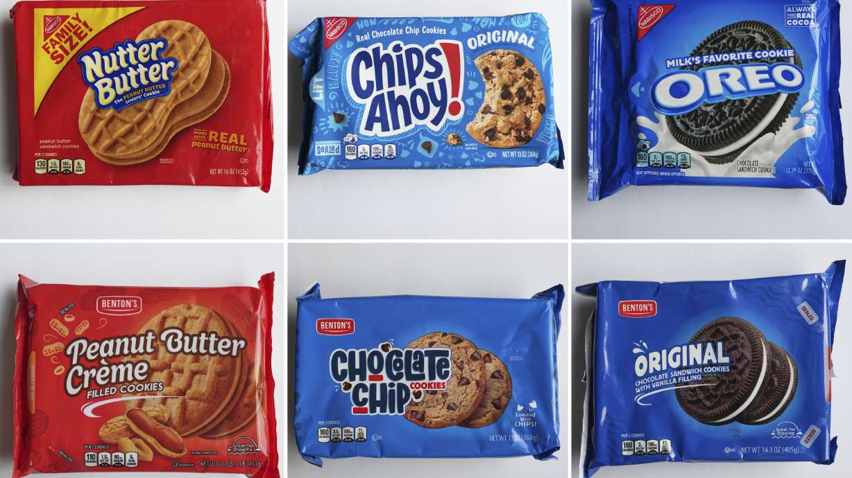 A combination image shows Mondelez's products Nutter Butter, Chips Ahoy! and Oreo cookies; and Aldi’s products, Peanut Butter Creme, Chocolate Chip Cookies and Original Chocolate Sandwich Cookies with Vanilla Filing. Mondelez is suing the Aldi supermarket chain, alleging customer confusion.