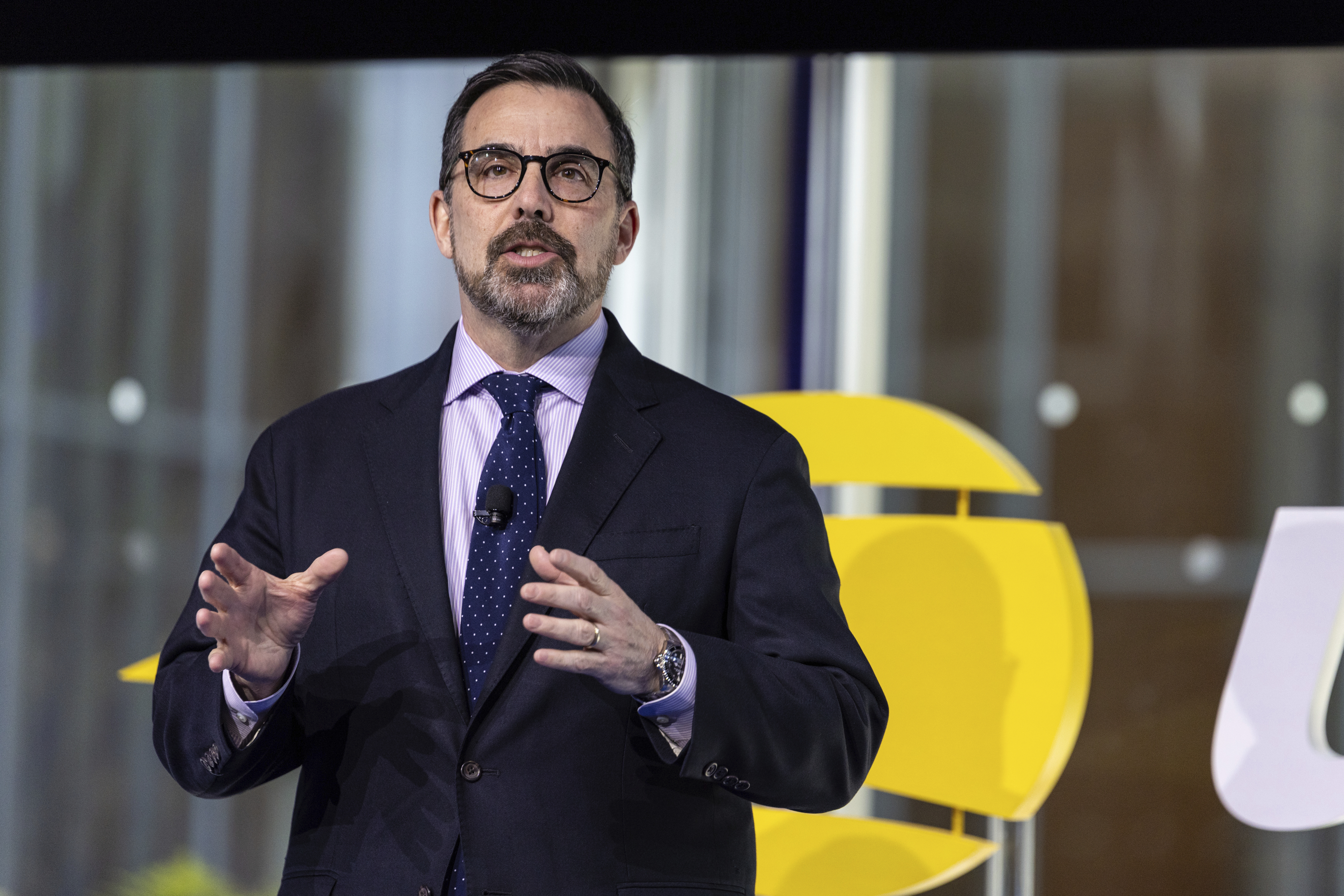 FILE - CEO and Executive Director of USTA Lew Sherr, speaks at a news conference in New York, Monday, May 19, 2025,. 