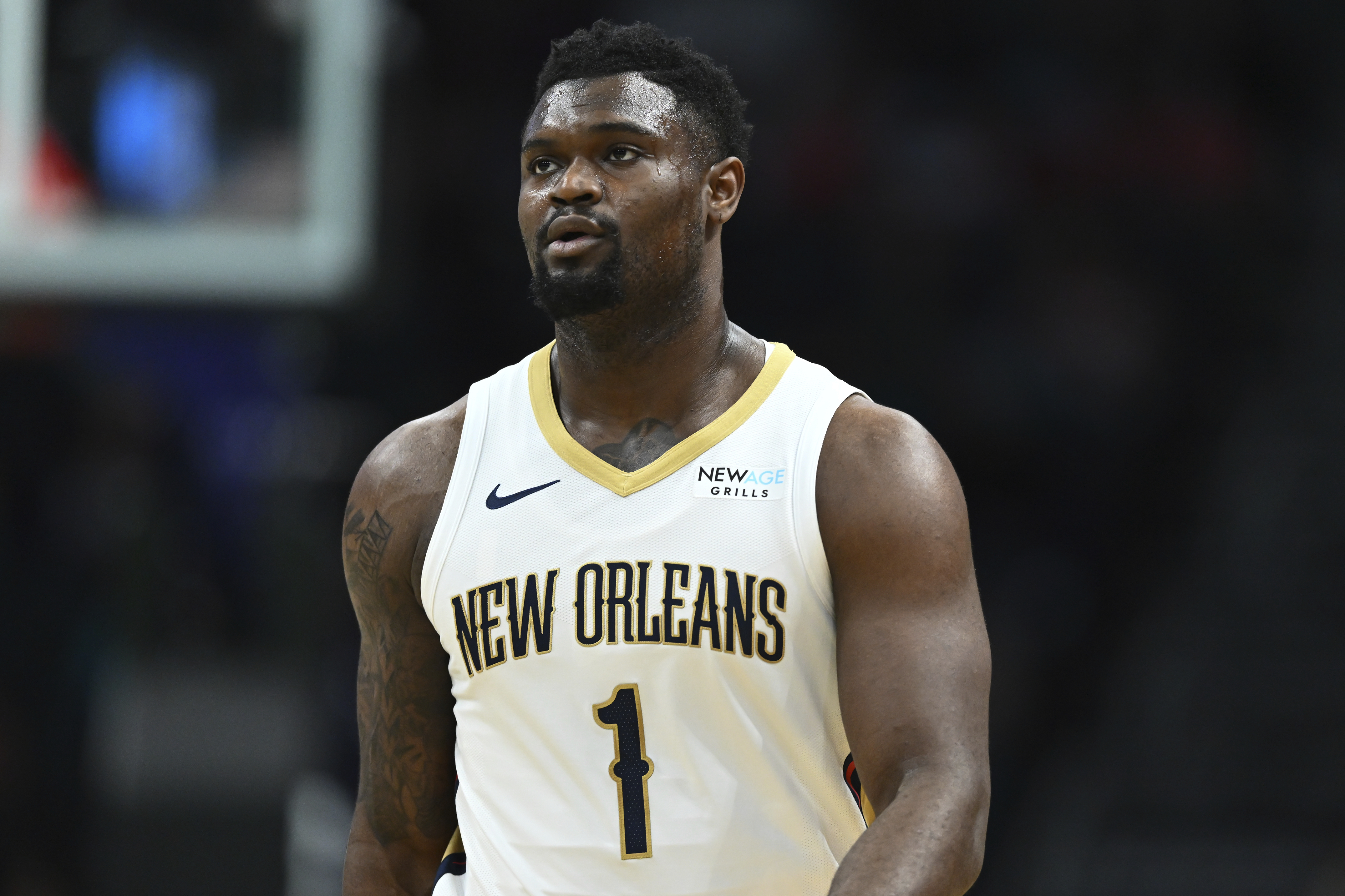 FILE - New Orleans Pelicans forward Zion Williamson (1) looks on during the first half of an NBA basketball game against the Charlotte Hornets, Saturday, Jan. 25, 2025, in Charlotte, N.C. 