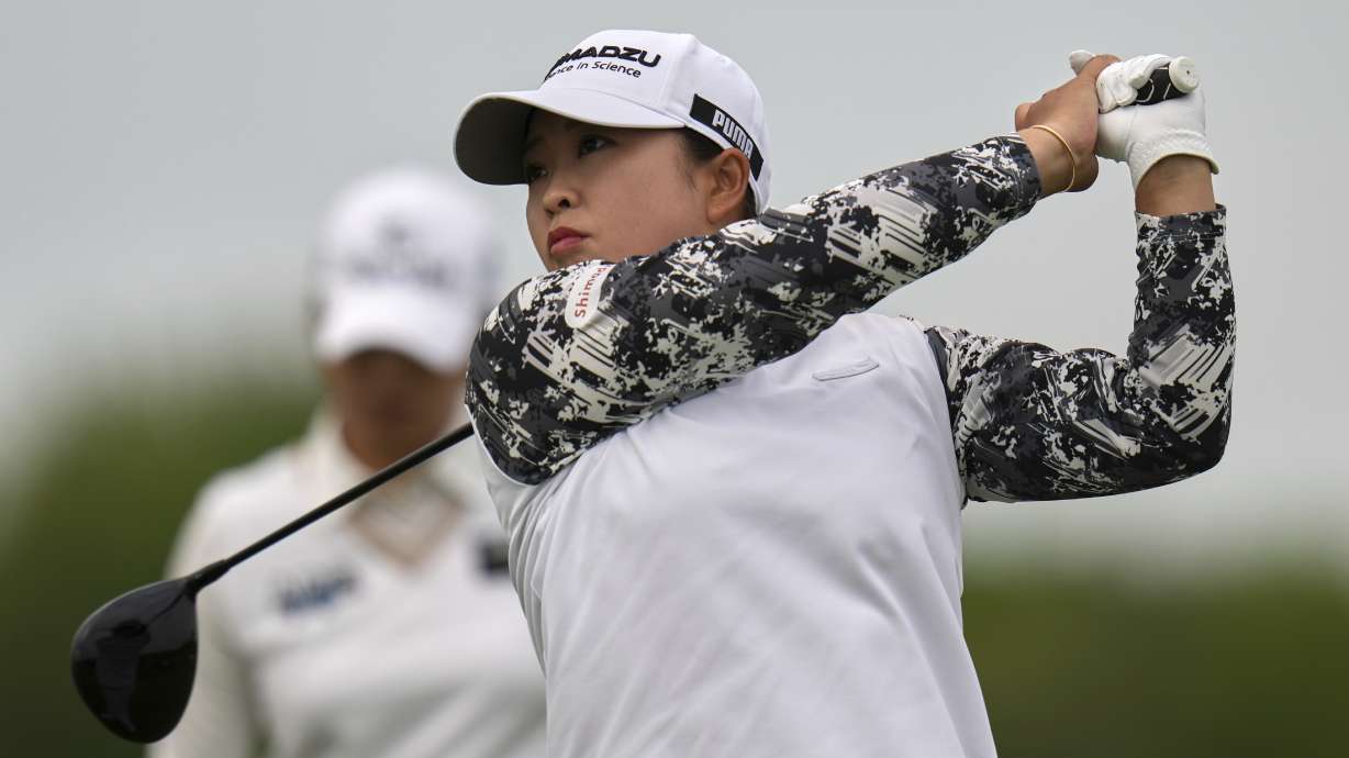 Mao Saigo, of Japan, hits from the 18th tee during the second round of the U.S. Women's Open golf tournament at Erin Hills Friday, May 30, 2025, in Erin, Wis.