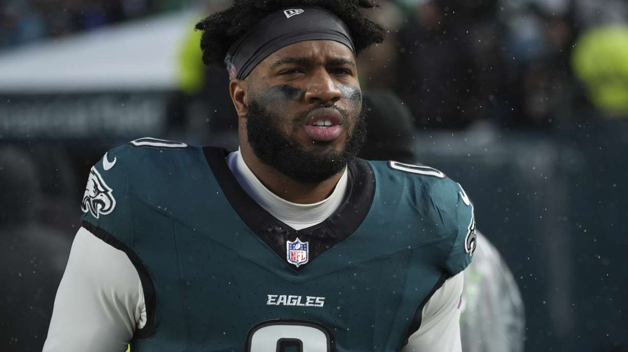 FILE - Philadelphia Eagles' Bryce Huff walks to the field during an NFL football NFC divisional playoff game between the Philadelphia Eagles and the Los Angeles, Rams Sunday, Jan. 19, 2025, in Philadelphia.