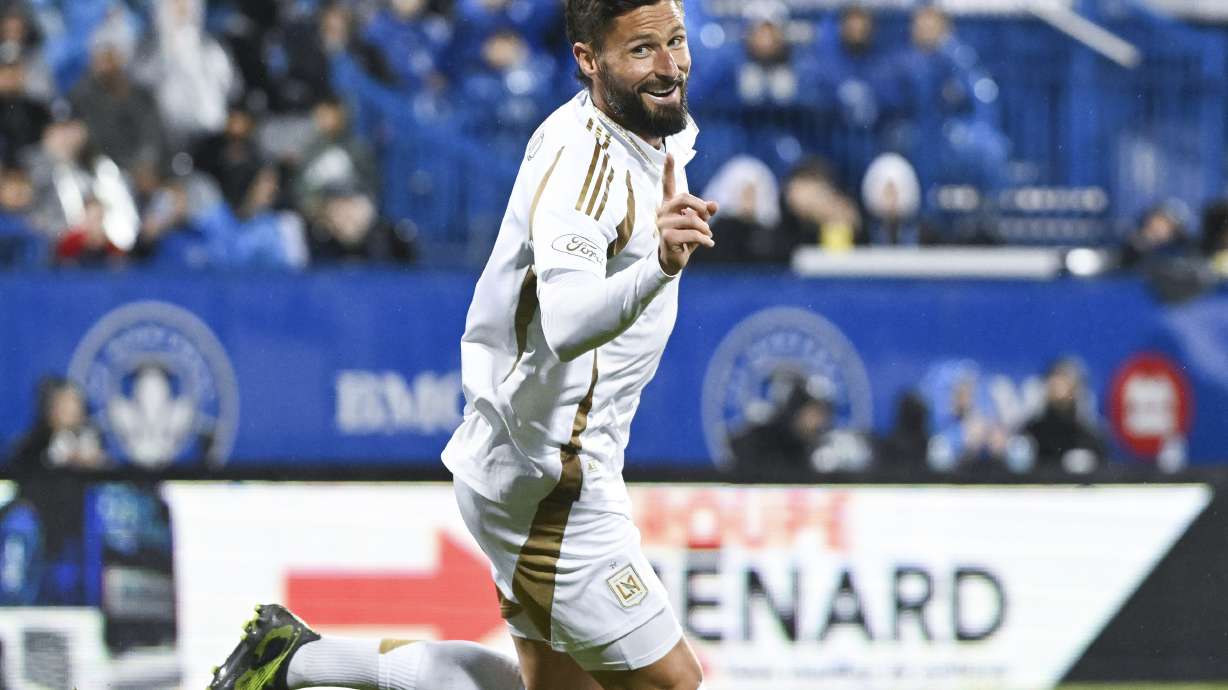 Los Angeles FC's Olivier Giroud reacts after scoring against CF Montreal during second-half MLS soccer match action in Montreal, Saturday, May 24, 2025.
