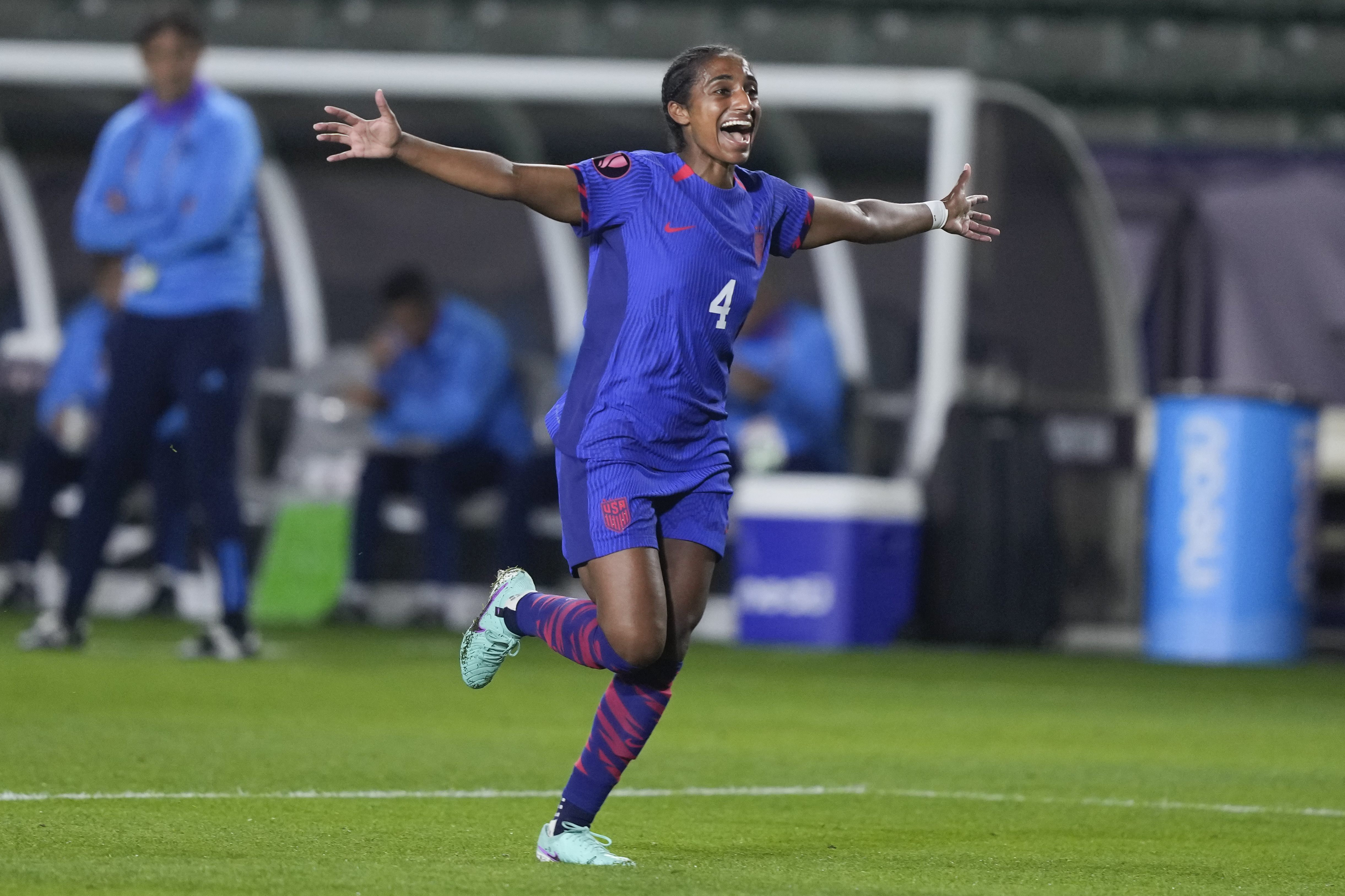 FILE - United States defender Naomi Girma reacts after a goal by forward Jaedyn Shaw against Argentina during the first half of a CONCACAF Gold Cup women's soccer tournament match Friday, Feb. 23, 2024, in Carson, Calif. 