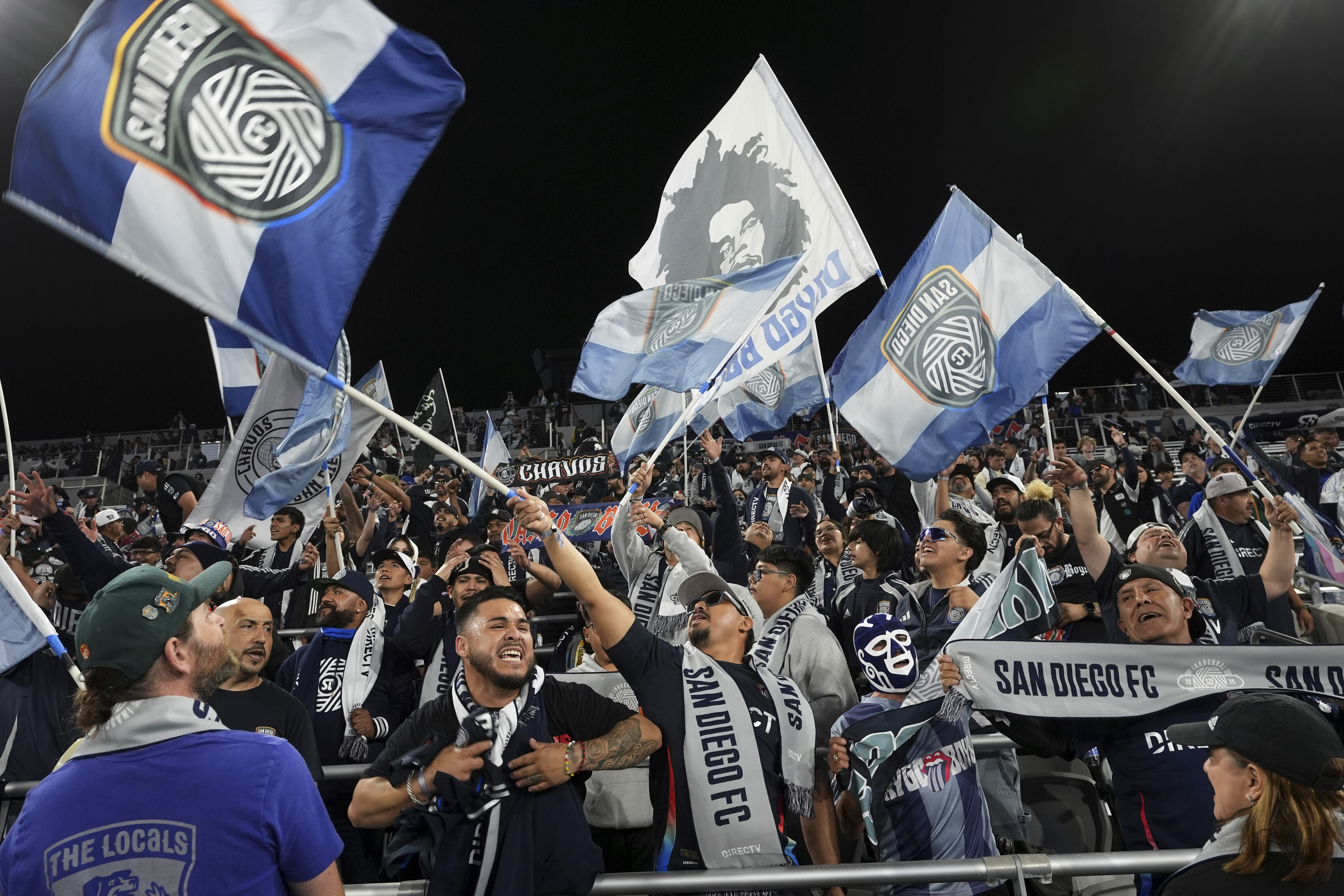 FILE - San Diego FC fans sing before the team hosts St. Louis City in an MLS soccer match Saturday, March 1, 2025, in San Diego. 