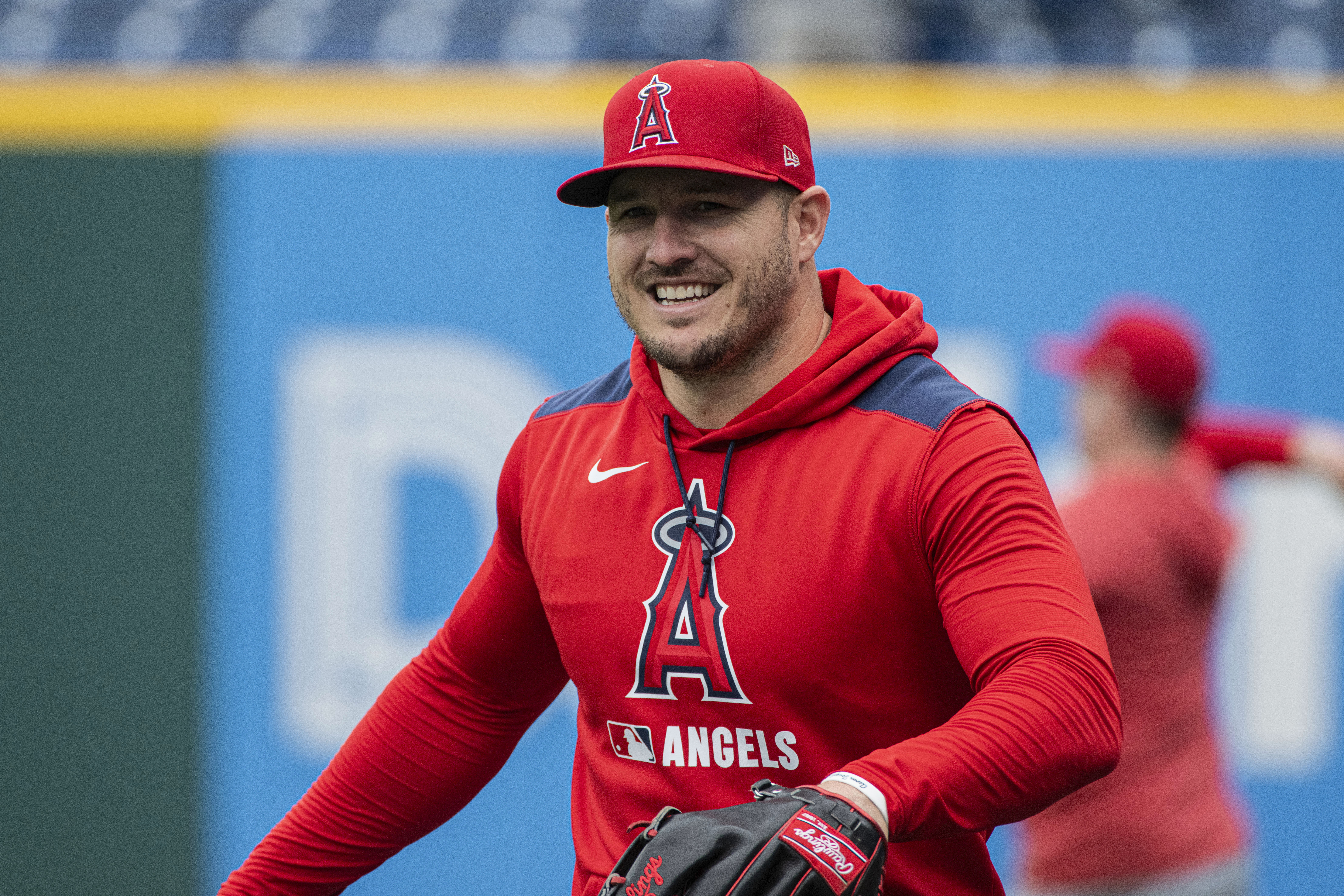 Los Angeles Angels' Mike Trout works out before a baseball game against the Los Angeles Angels, Friday, May 30, 2025, in Cleveland. 