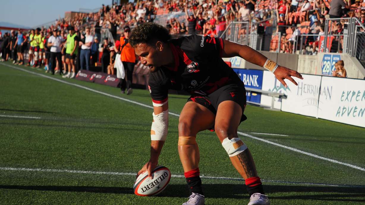 Joey Mano scores a try as the Utah Warriors clinch a playoff berth in his 50th cap on May 30, 2025.